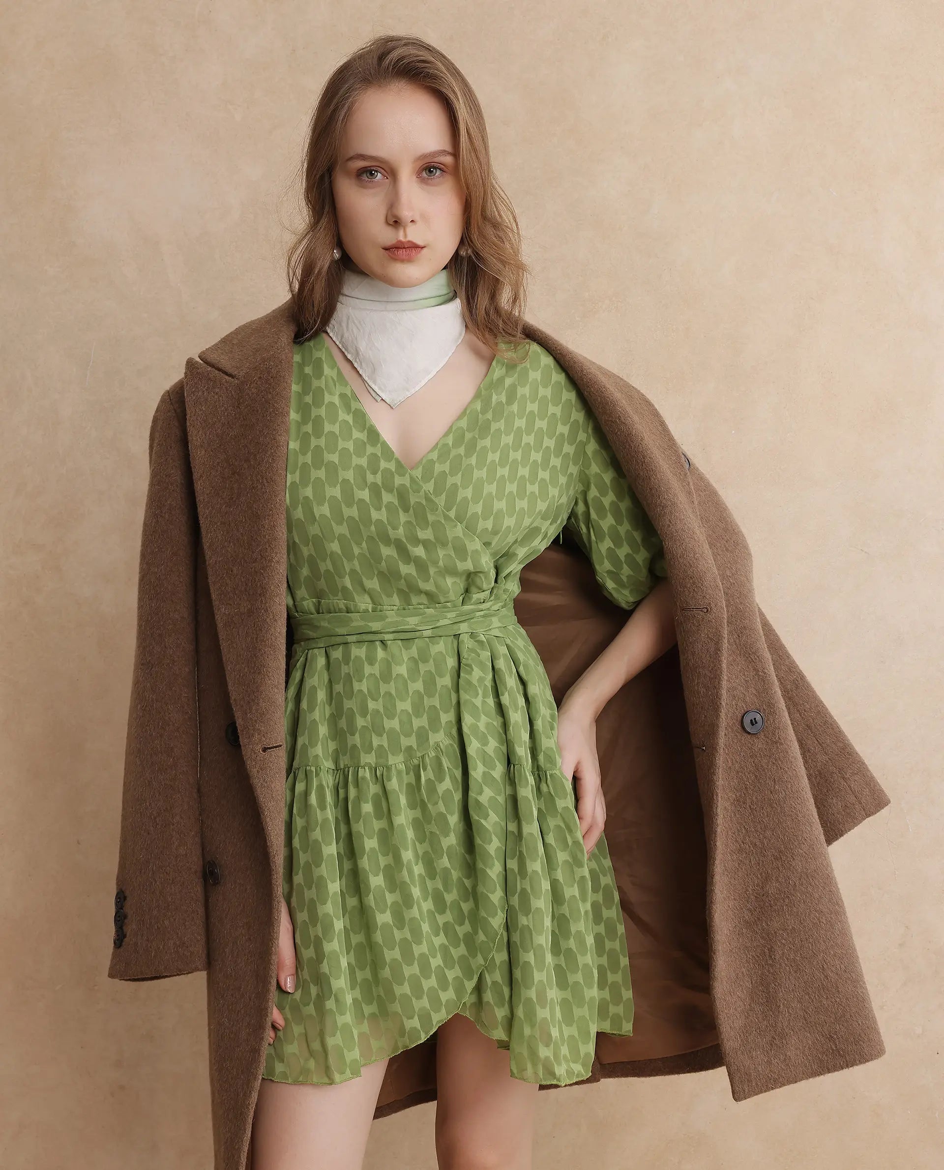Rareism Women's Namika Light Green  V-Neck Tie-Up Closure Balloon Sleeve Plain Fit And Flare Mini Dress