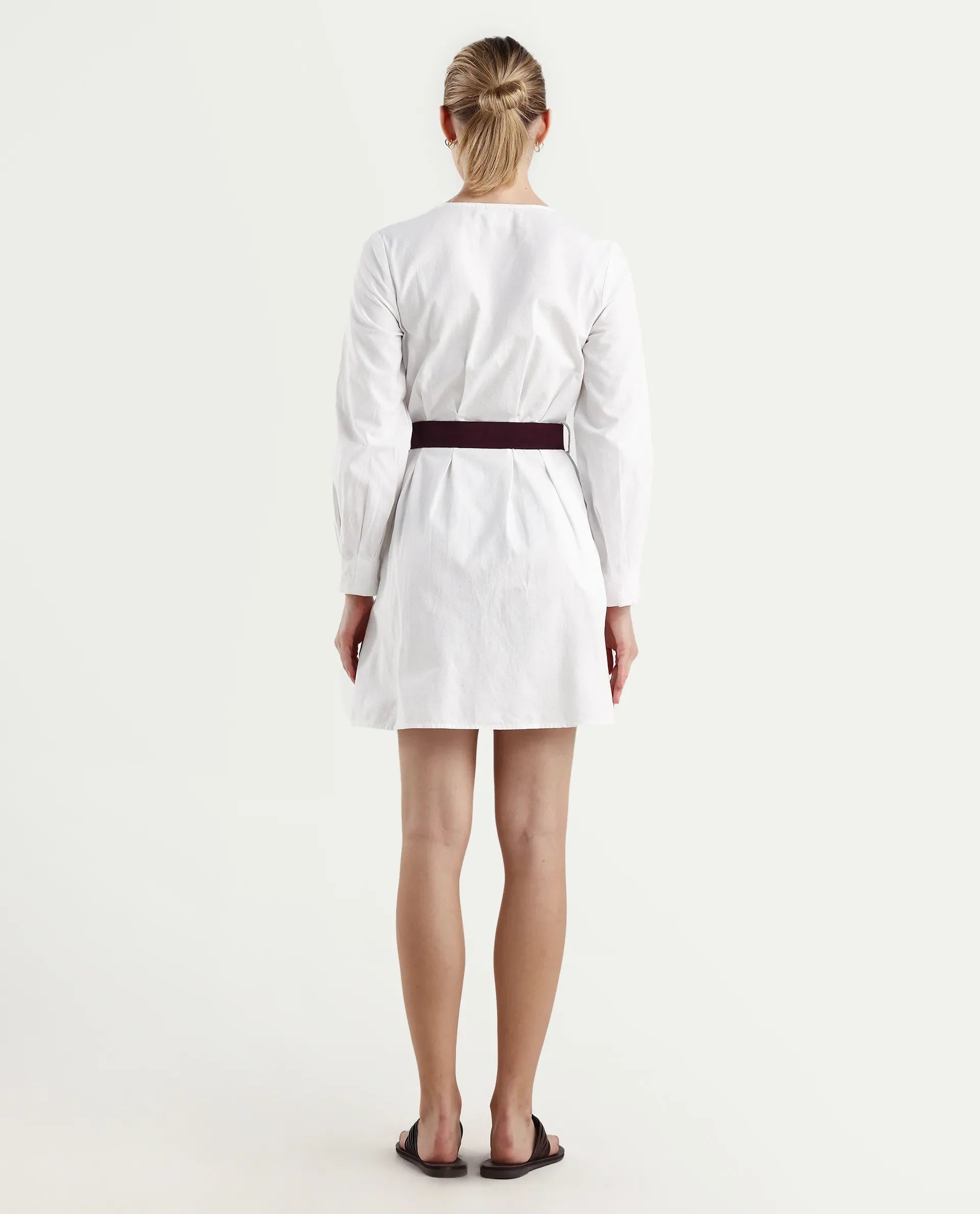 Rareism Women's Nami White Cotton V-Neck Plain Mini Regular Fit Dress