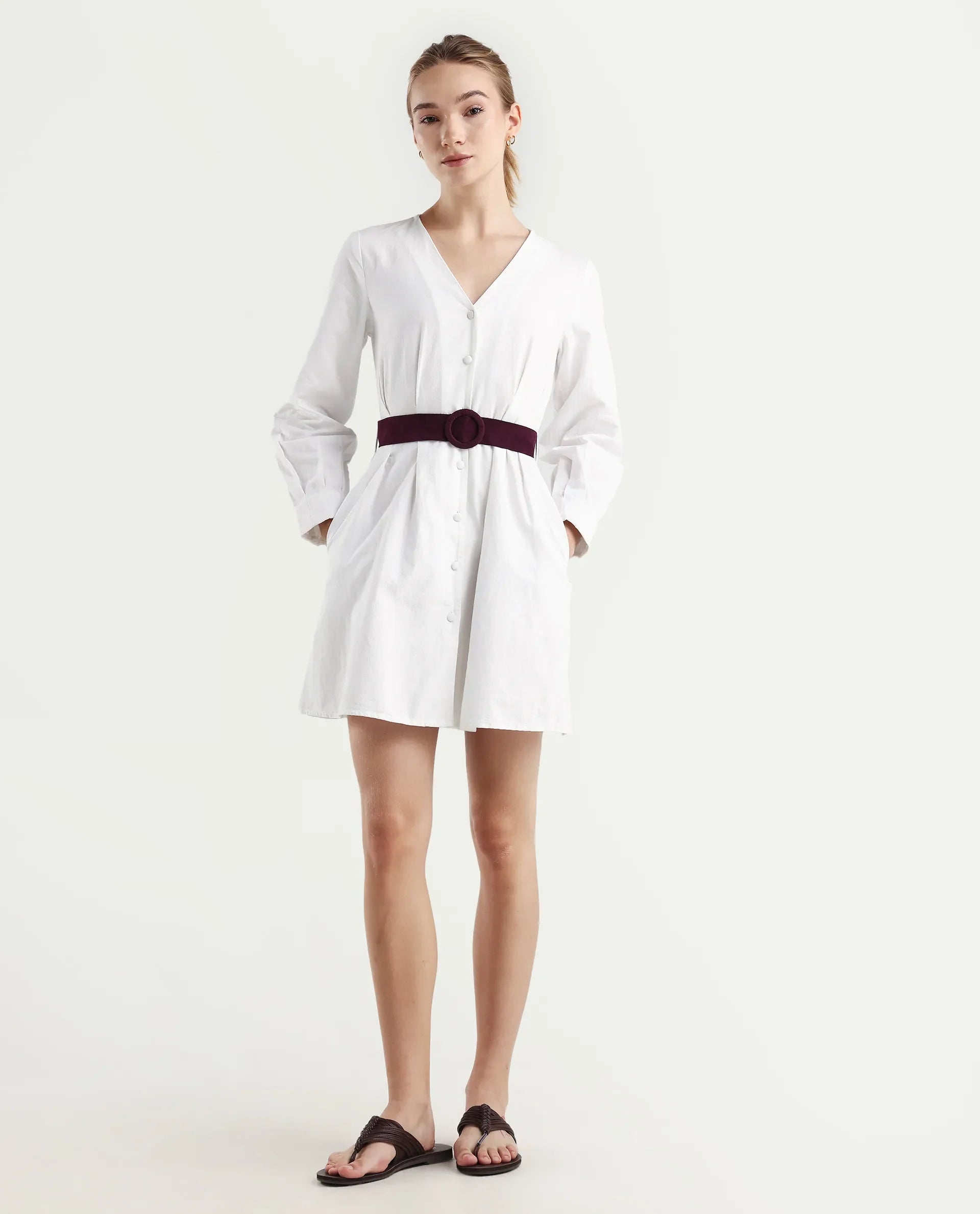 Rareism Women's Nami White Cotton V-Neck Plain Mini Regular Fit Dress