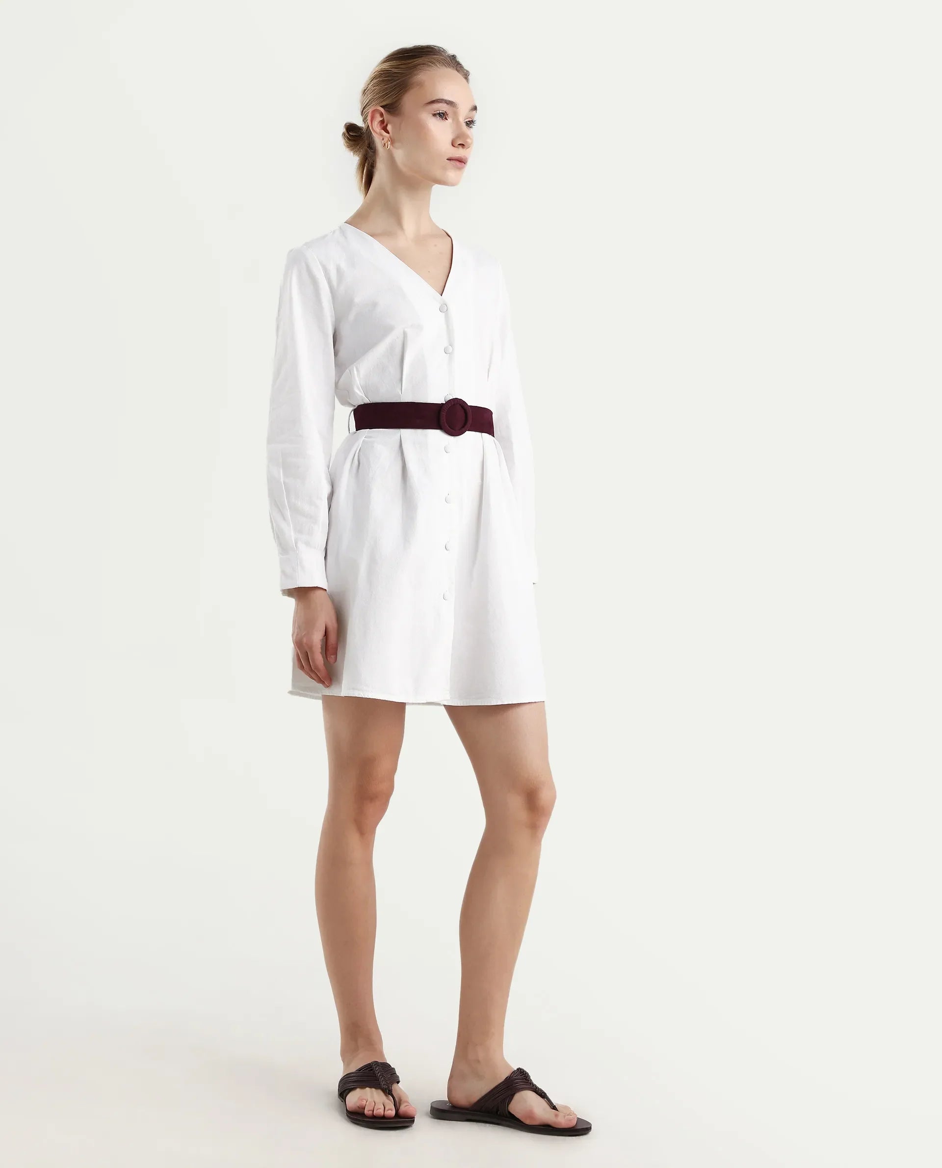 Rareism Women's Nami White Cotton V-Neck Plain Mini Regular Fit Dress