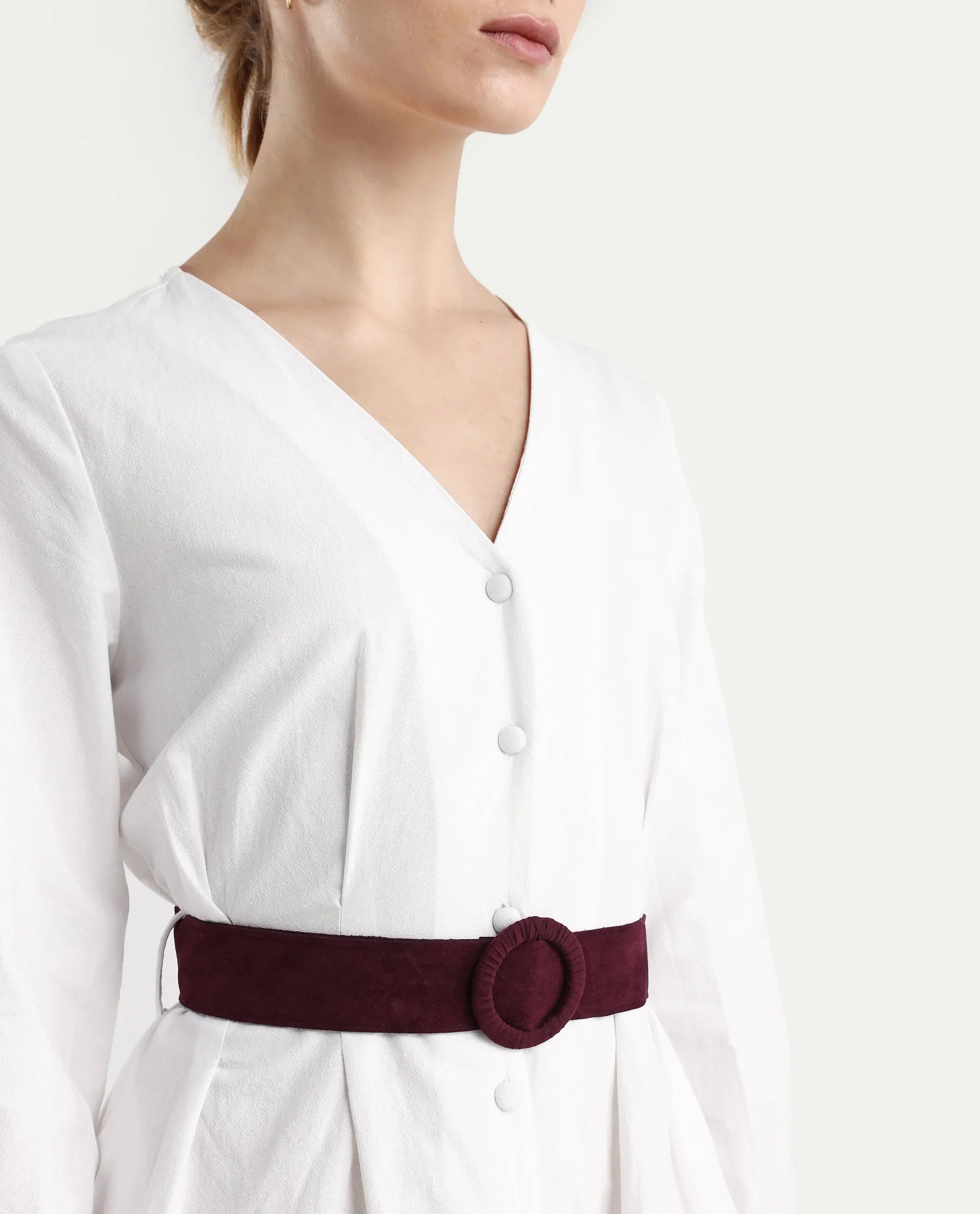 Rareism Women's Nami White Cotton V-Neck Plain Mini Regular Fit Dress