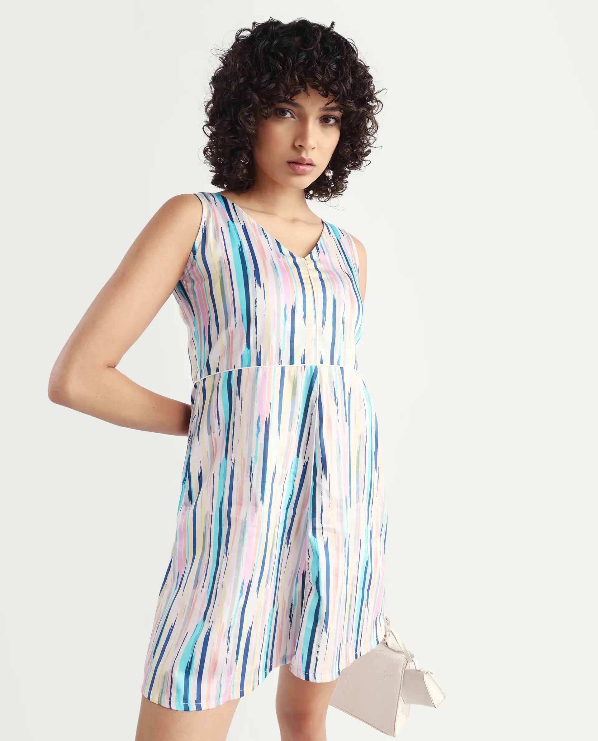 Rareism Women's Nano Multi Cotton Blend V-Neck Striped Sleeveless Mini Regular Fit Dress
