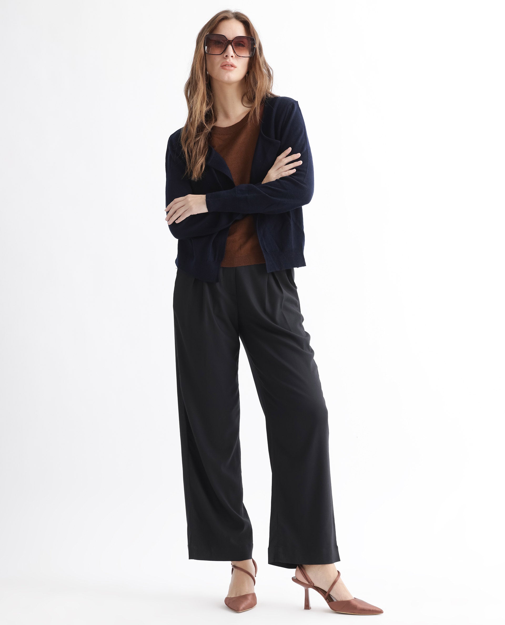 Rareism Women Naomio Brown Acrylic Fabric Full Sleeves Regular Fit Solid Boat Neck Sweater