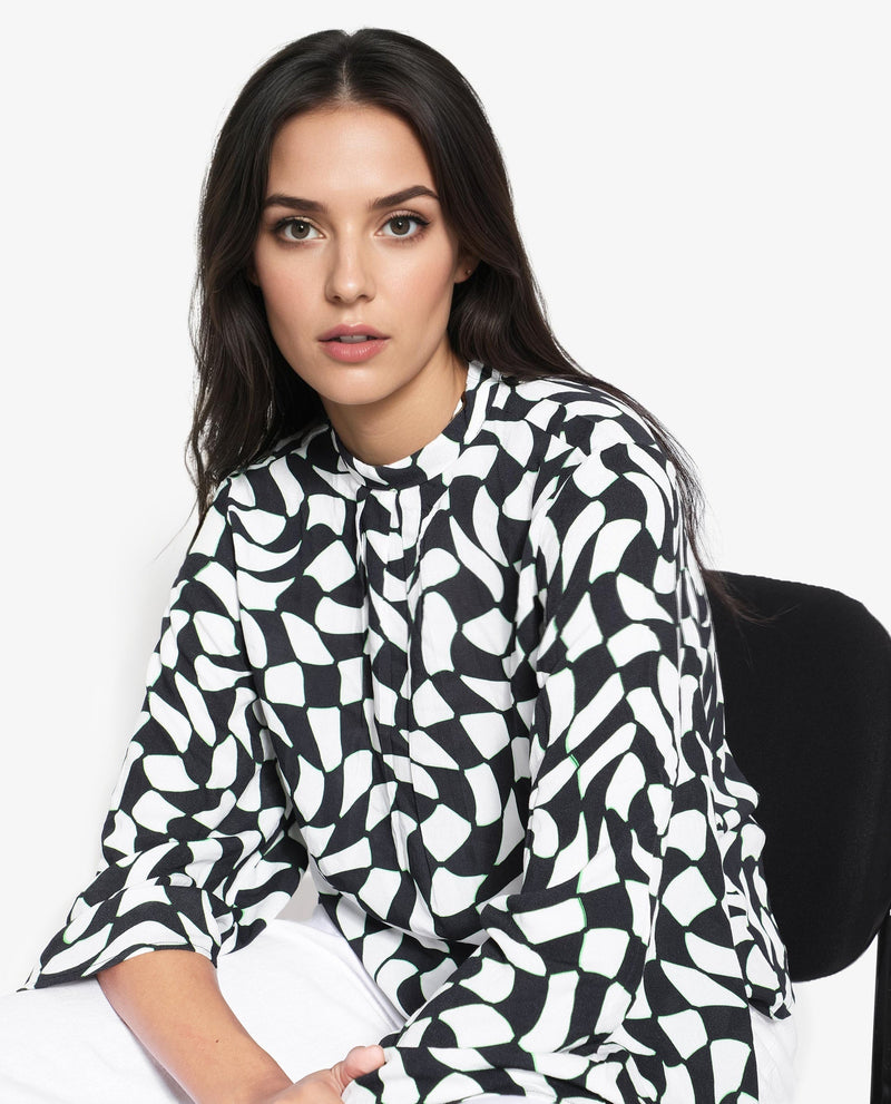 Rareism Women Napleo Black Bell Sleeves High Neck Button Geometric Print Top