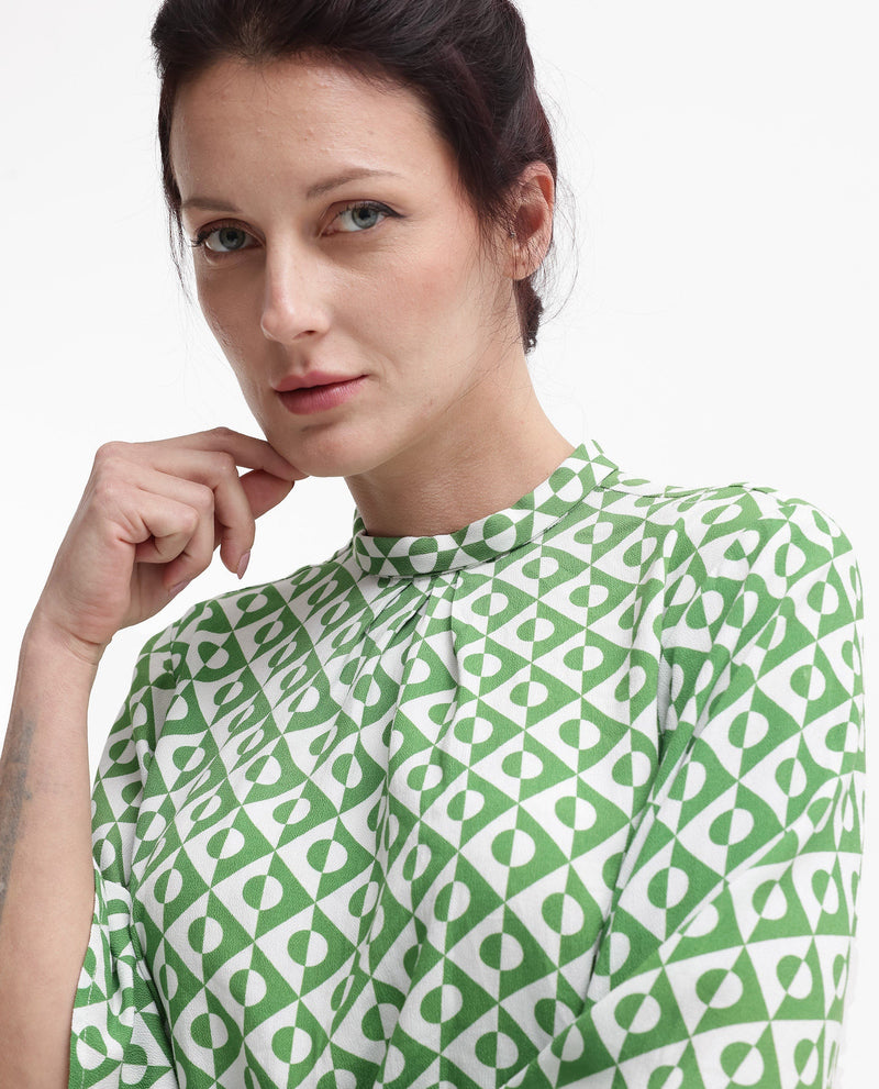 Rareism Women Naples Dark Green Bell Sleeves High Neck  Geometric Print Top