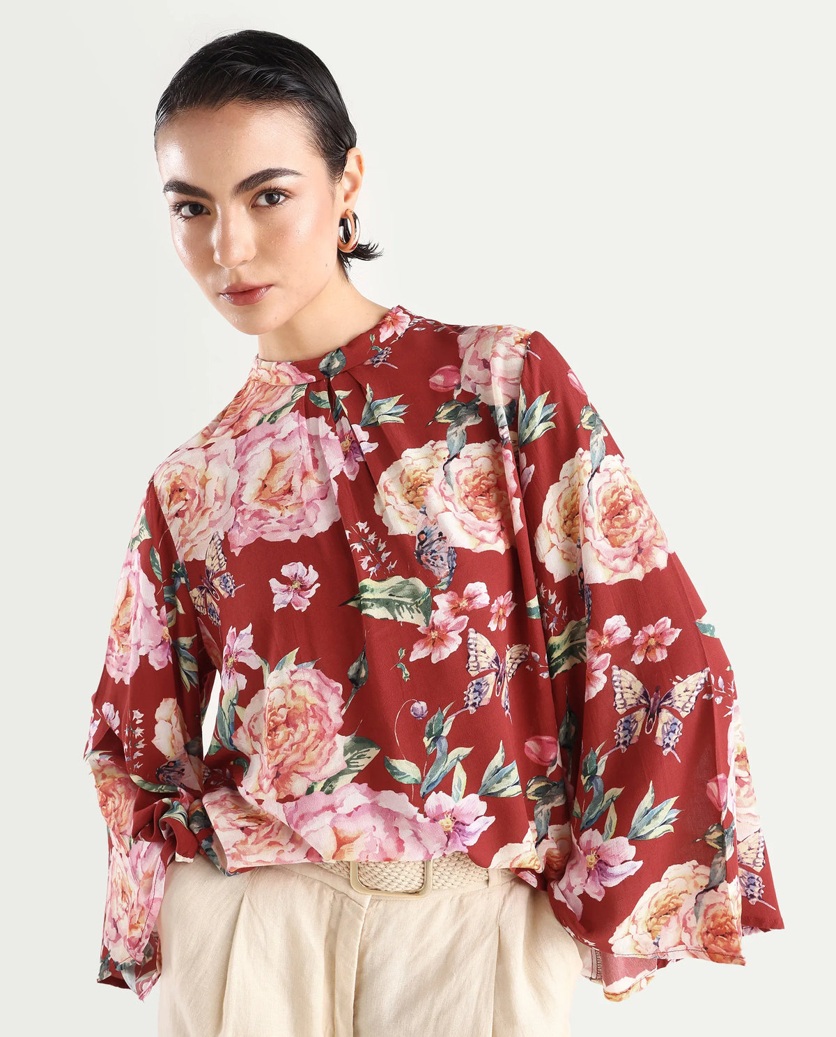 Rareism Women's Naplesco Maroon Viscose Blend High Neck Floral Print Bell Sleeve Regular Fit Top