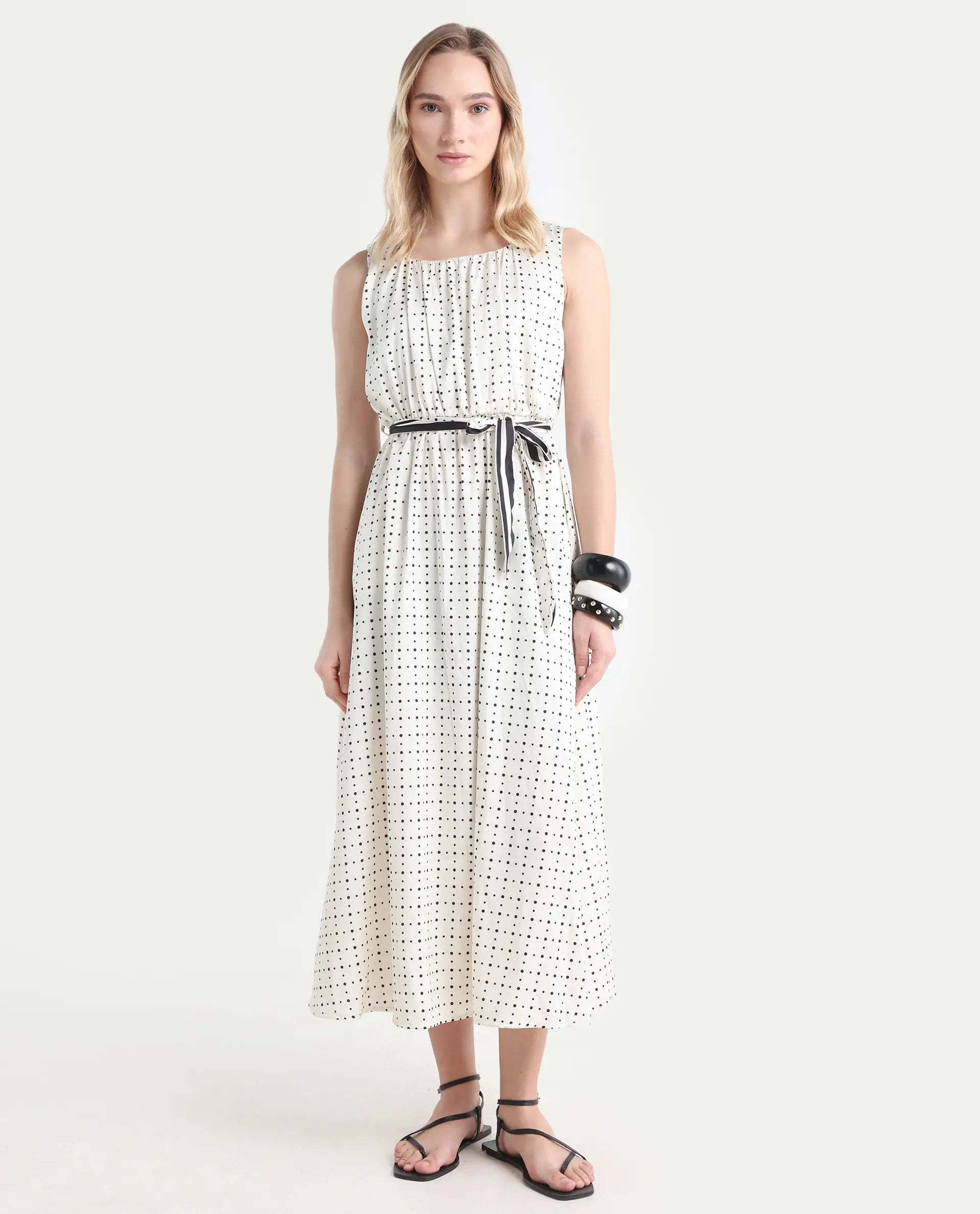 Rareism Women's Narcissa Beige Polyester Boat Neck Polka Print Sleeveless Knee Length Regular Fit Dress