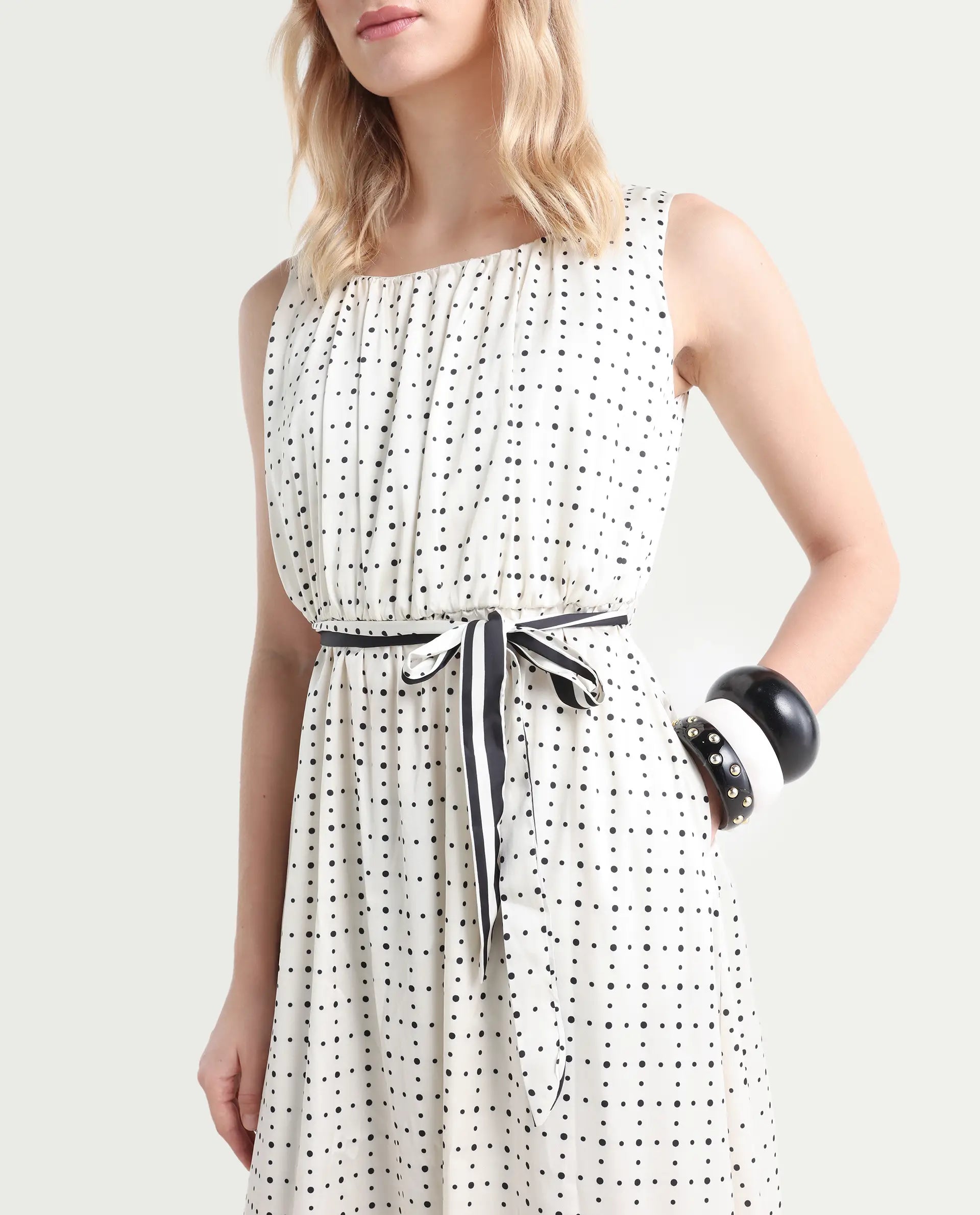 Rareism Women's Narcissa Beige Polyester Boat Neck Polka Print Sleeveless Knee Length Regular Fit Dress