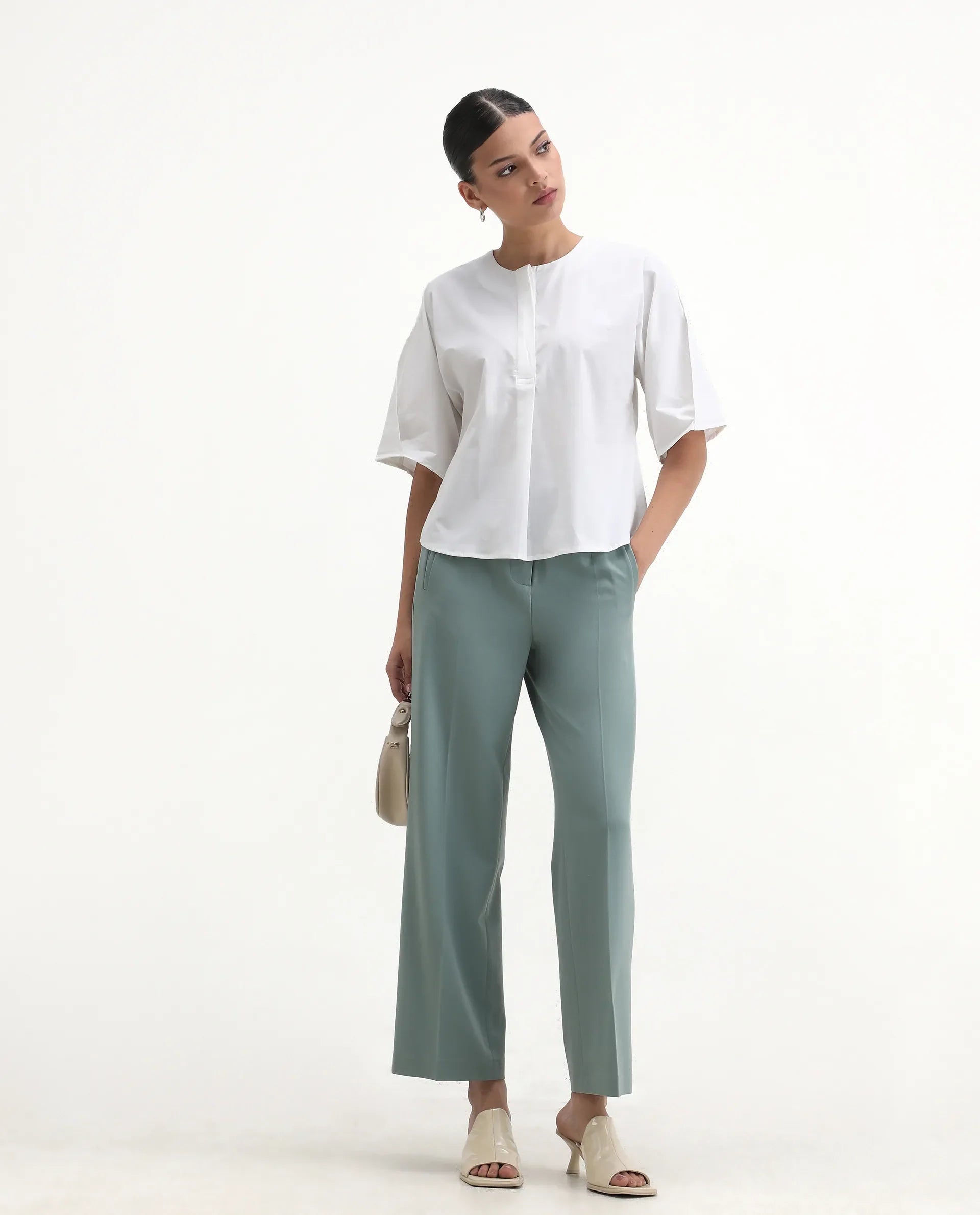 Rareism Women's Naruto White Cotton Crew Neck Plain Balloon Sleeve Relaxed Fit Top