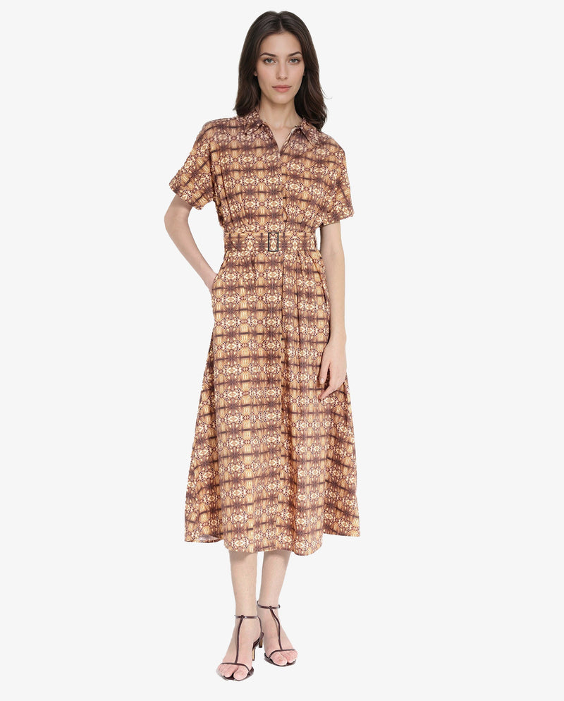 Rareism Women Native Brown Short Sleeve Collared Neck Button Closure Fit And Flare Maxi Abstract Print Dress