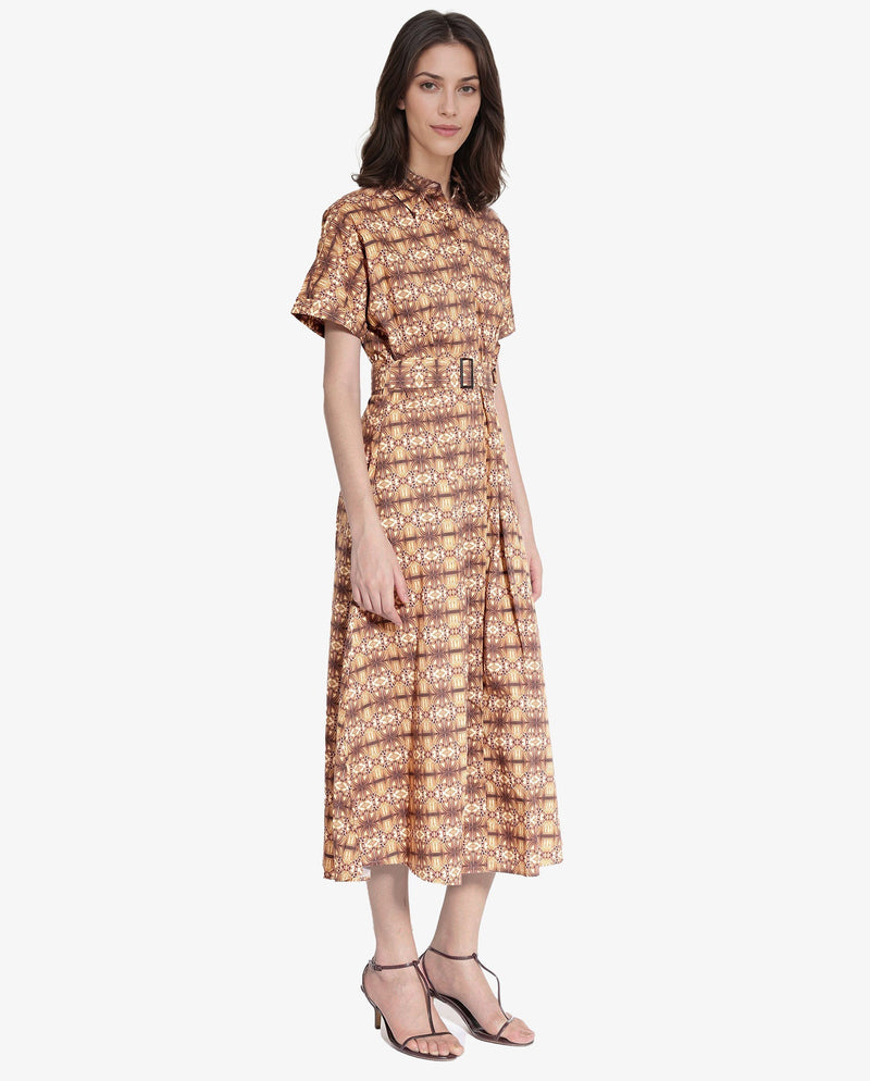 Rareism Women Native Brown Short Sleeve Collared Neck Button Closure Fit And Flare Maxi Abstract Print Dress