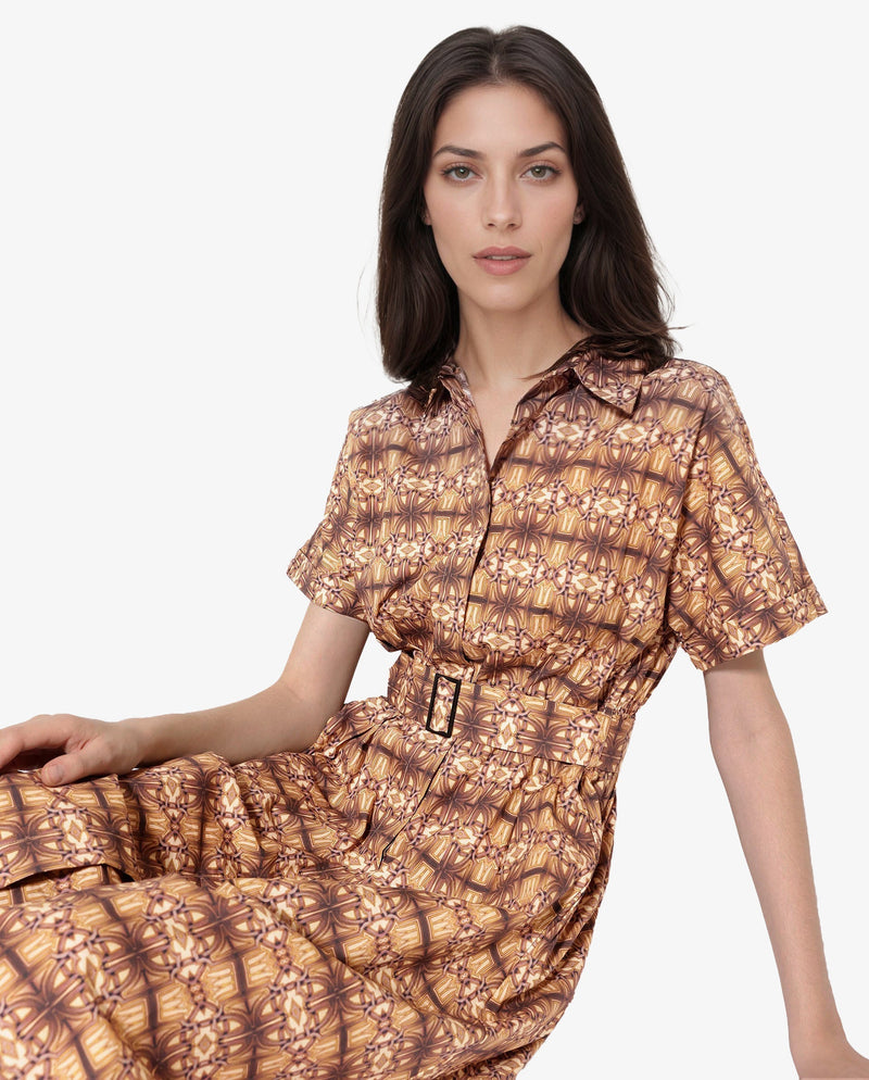 Rareism Women Native Brown Short Sleeve Collared Neck Button Closure Fit And Flare Maxi Abstract Print Dress