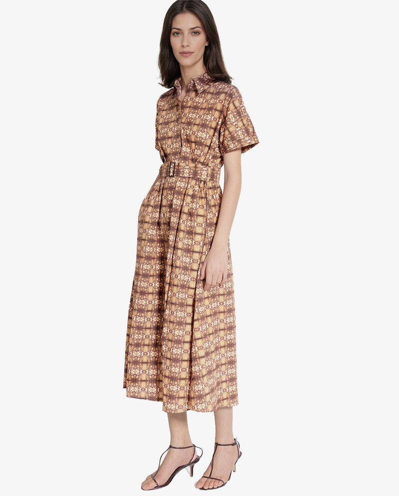 Rareism Women Native Brown Short Sleeve Collared Neck Button Closure Fit And Flare Maxi Abstract Print Dress