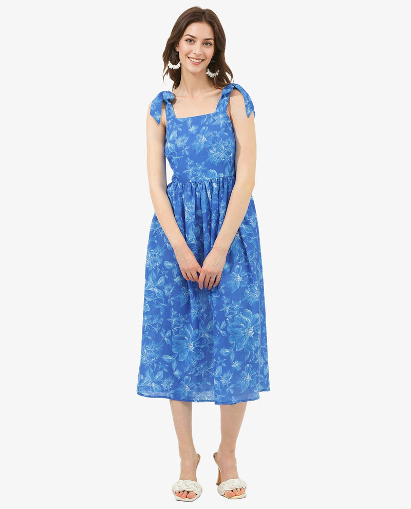 Rareism Women Natsuki Blue Linen Fabric Short Sleeve Shoulder Straps Zipper Closure Floral Print Regular Fit Dress