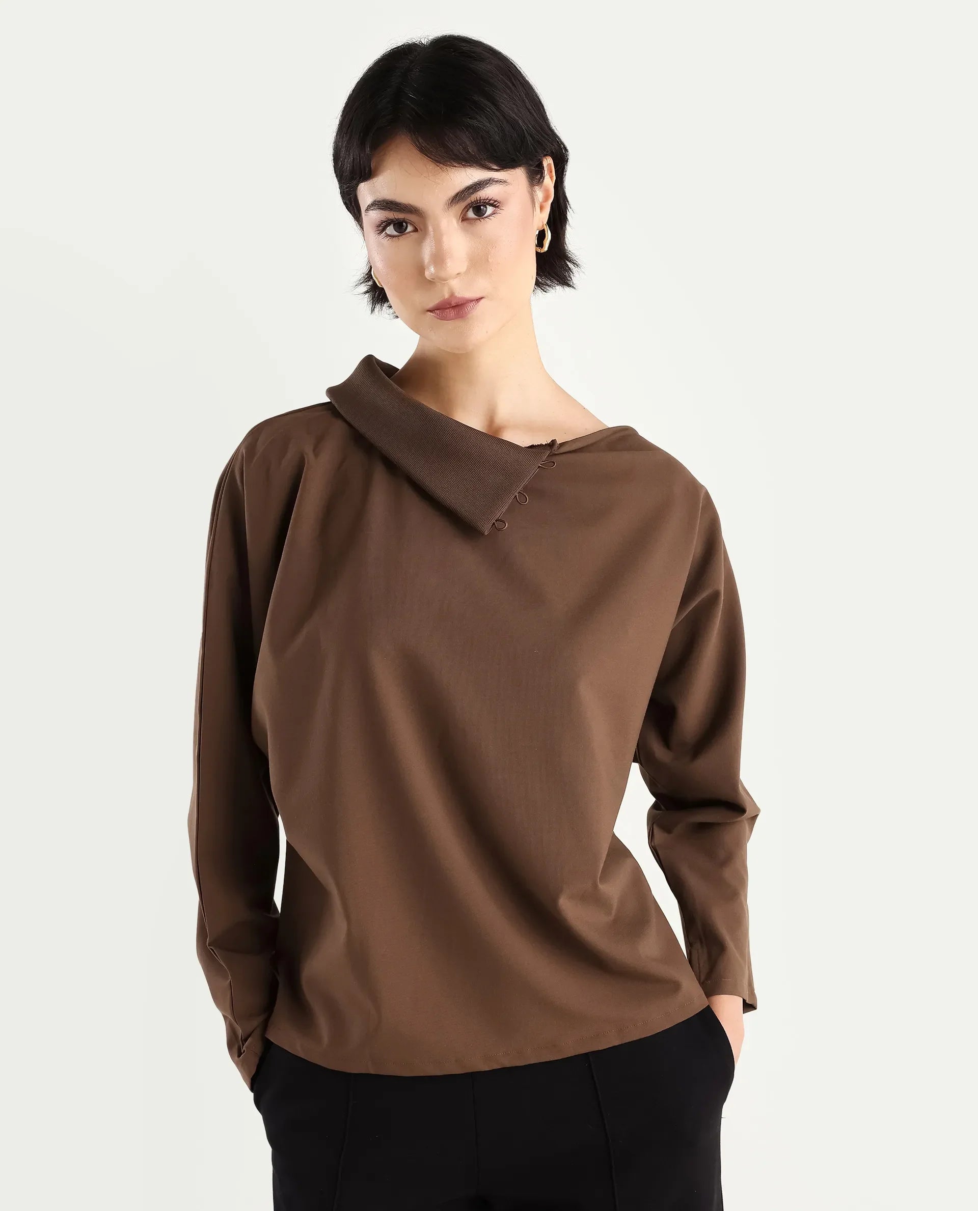 Rareism Women's Natta Brown Cotton High Neck Plain Regular Fit Top