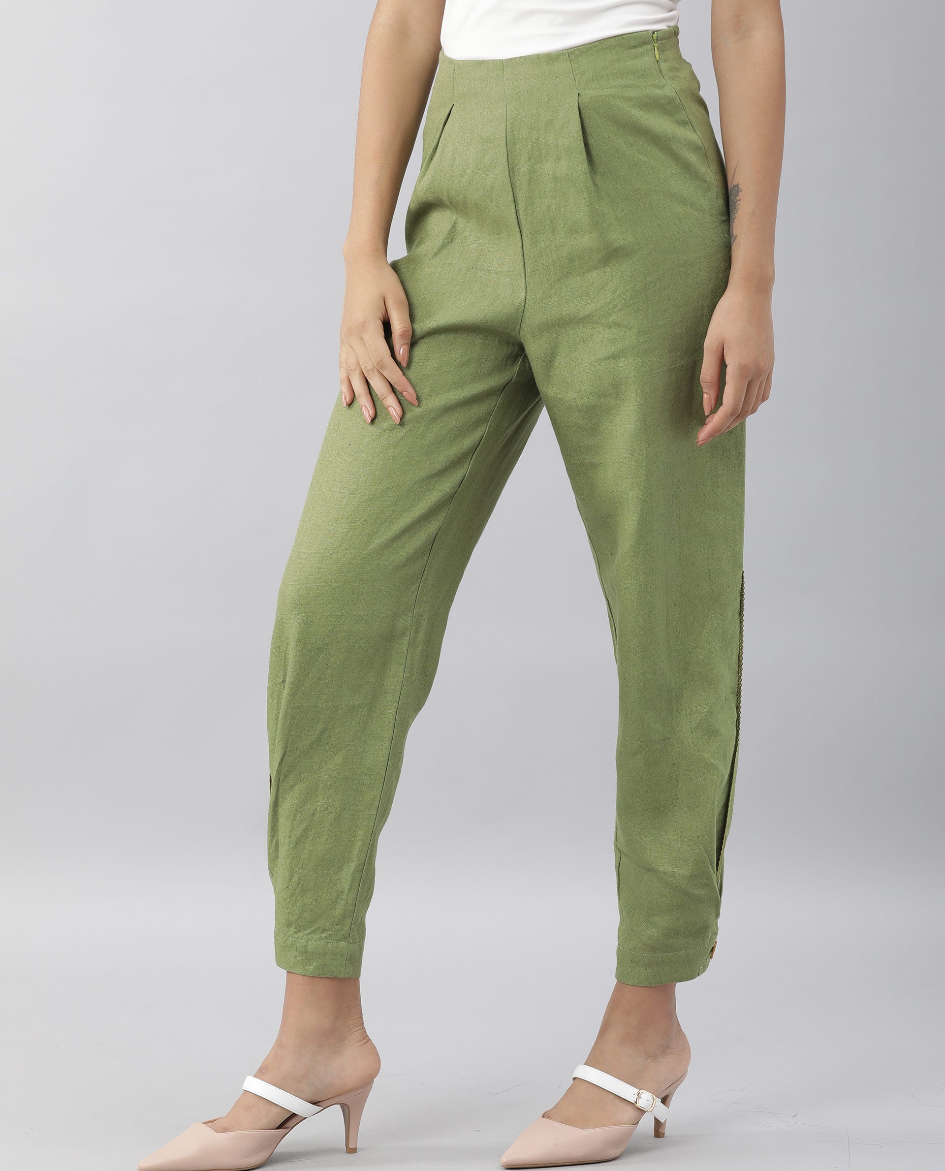 Rareism Women Navi Green Trousers Cotton Linen Fabric Zip Clouser Solid