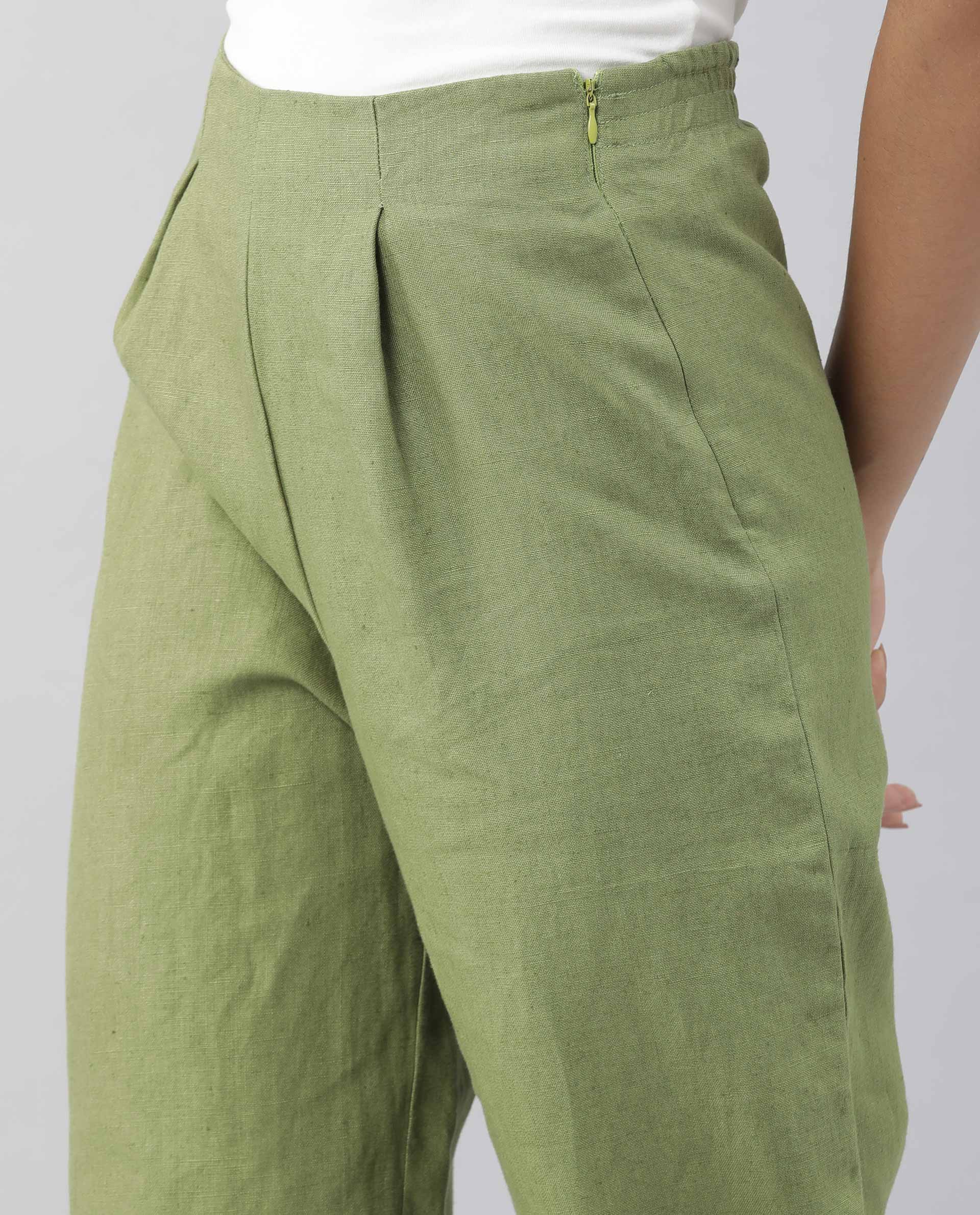Rareism Women Navi Green Trousers Cotton Linen Fabric Zip Clouser Solid