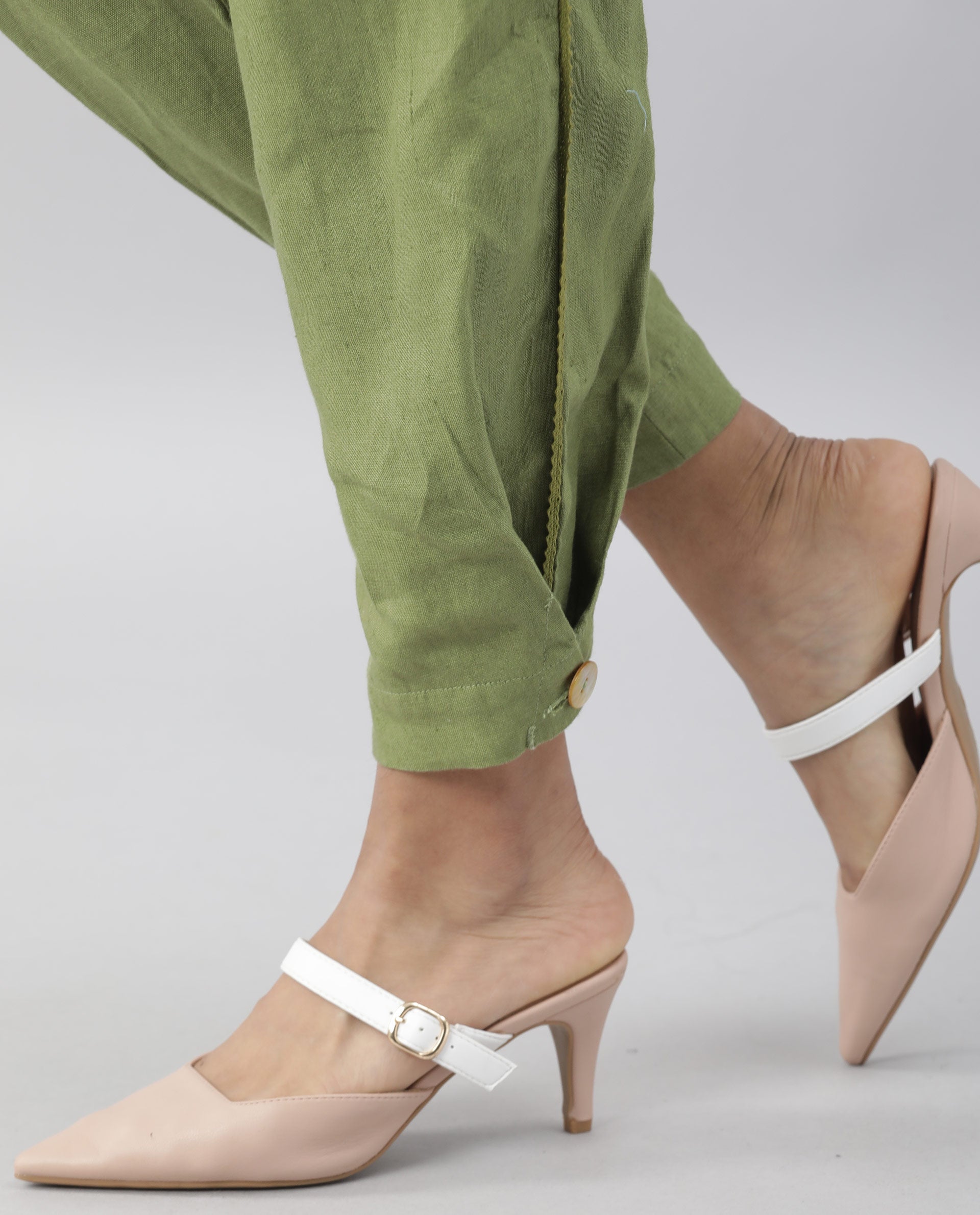 Rareism Women Navi Green Trousers Cotton Linen Fabric Zip Clouser Solid