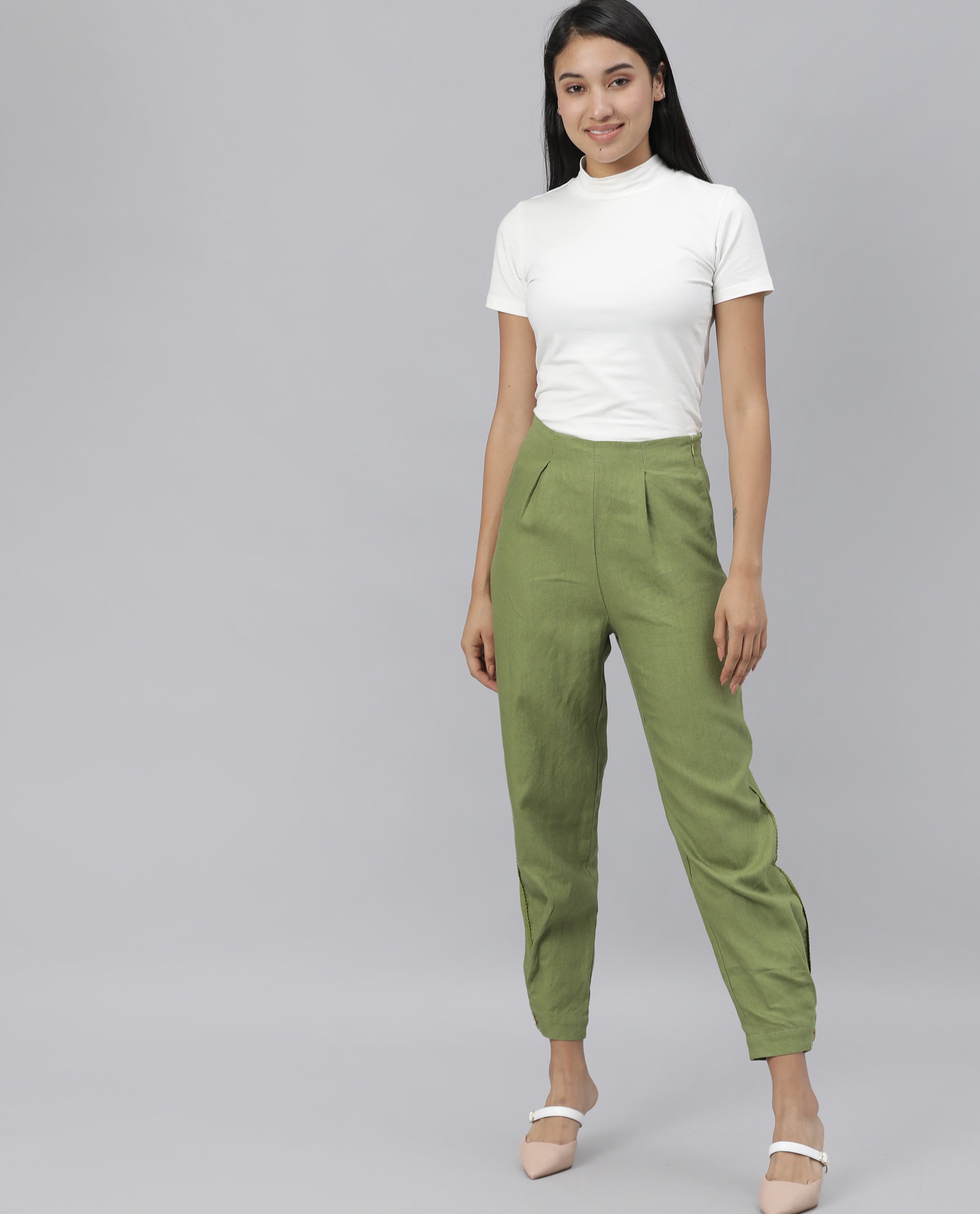 Rareism Women Navi Green Trousers Cotton Linen Fabric Zip Clouser Solid