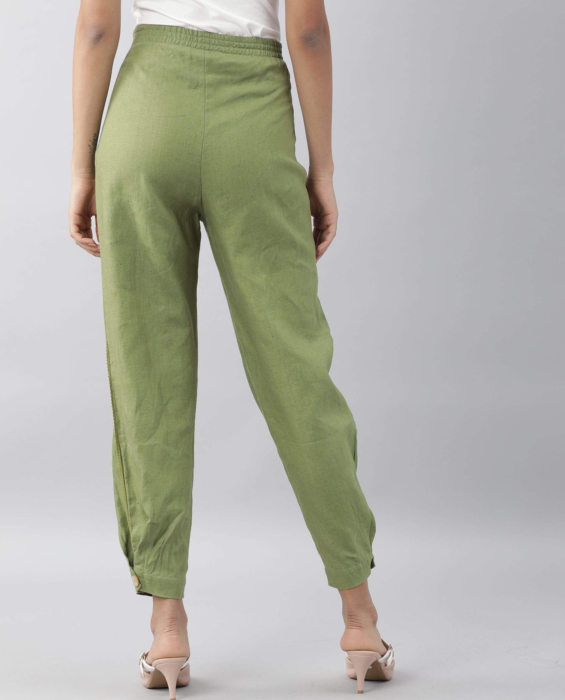 Rareism Women Navi Green Trousers Cotton Linen Fabric Zip Clouser Solid