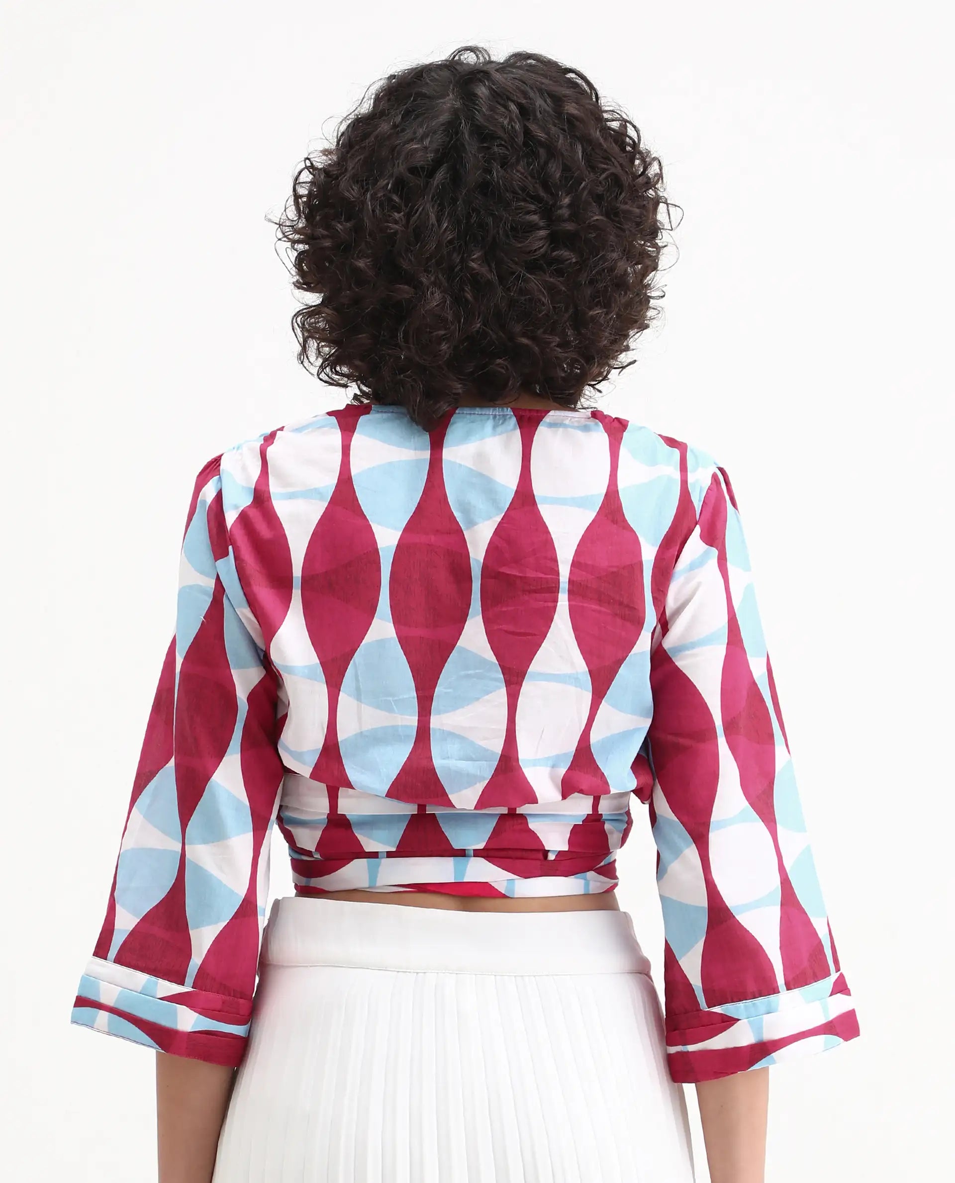 Rareism Women's Nayber Multi Cotton V-Neck Geometric Print Bell Sleeve Crop Regular Fit Top