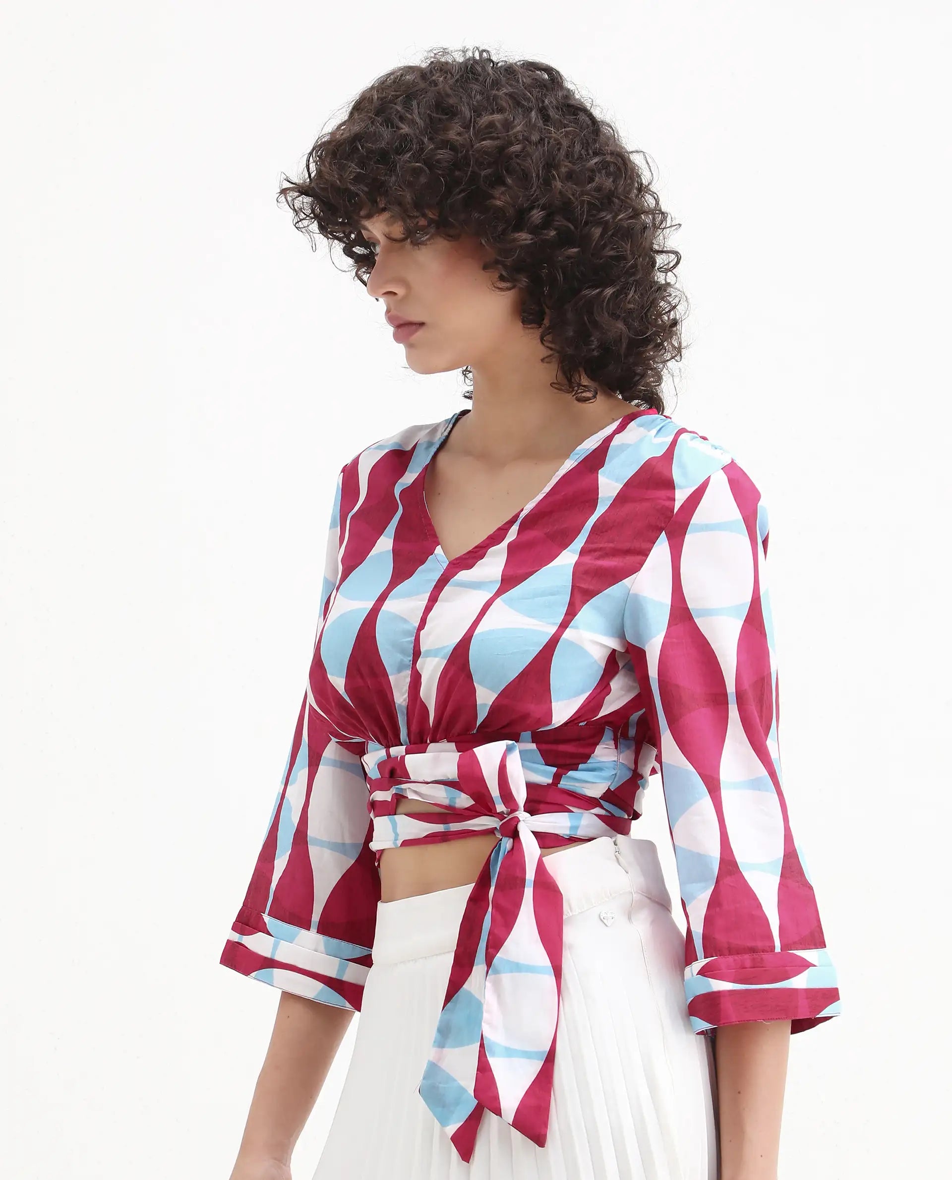 Rareism Women's Nayber Multi Cotton V-Neck Geometric Print Bell Sleeve Crop Regular Fit Top