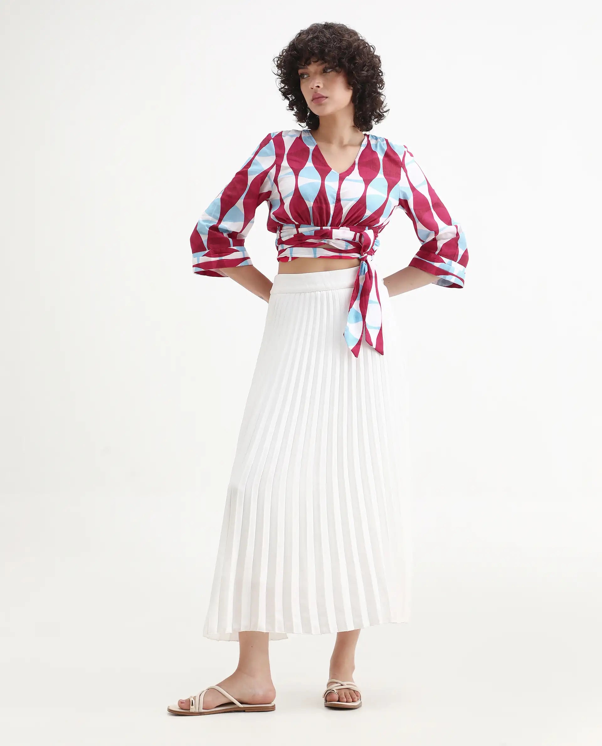 Rareism Women's Nayber Multi Cotton V-Neck Geometric Print Bell Sleeve Crop Regular Fit Top