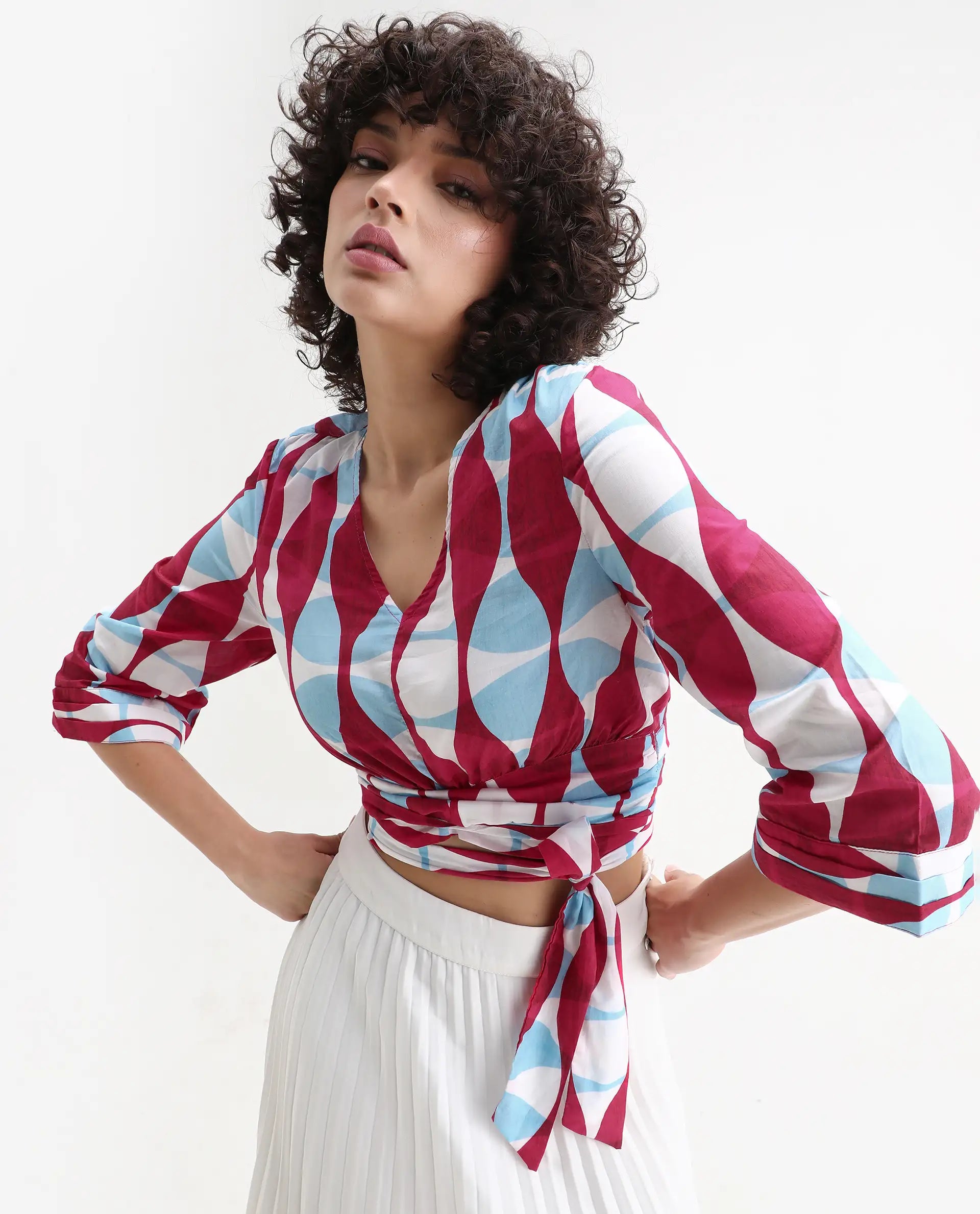 Rareism Women's Nayber Multi Cotton V-Neck Geometric Print Bell Sleeve Crop Regular Fit Top