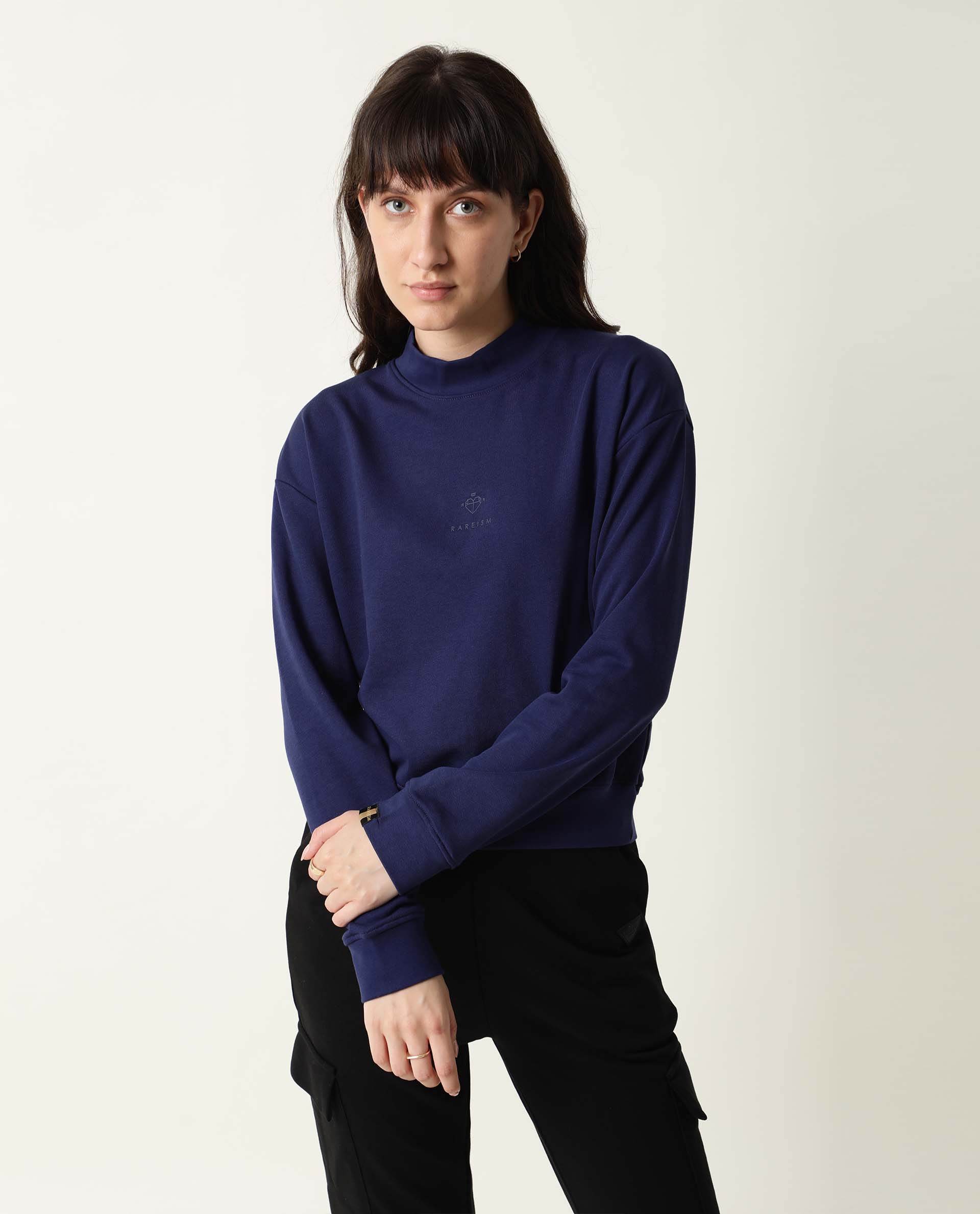 Rareism Women Necker Blue  Relaxed Fit Full Sleeves Solid High Neck Sweatshirt