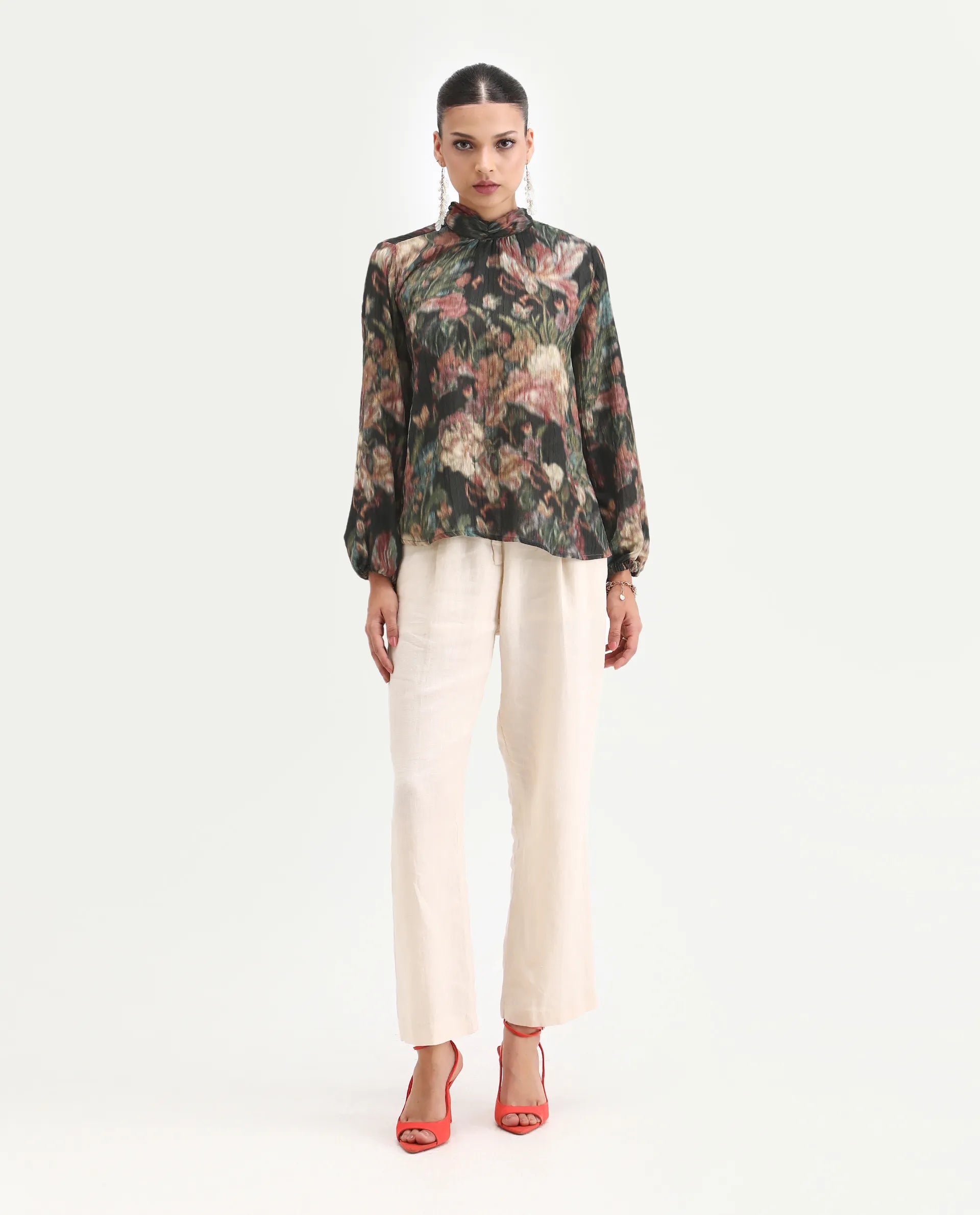 Rareism Women's Nehon Black Polyester Bishop Sleeve Band Collar Relaxed Fit Top