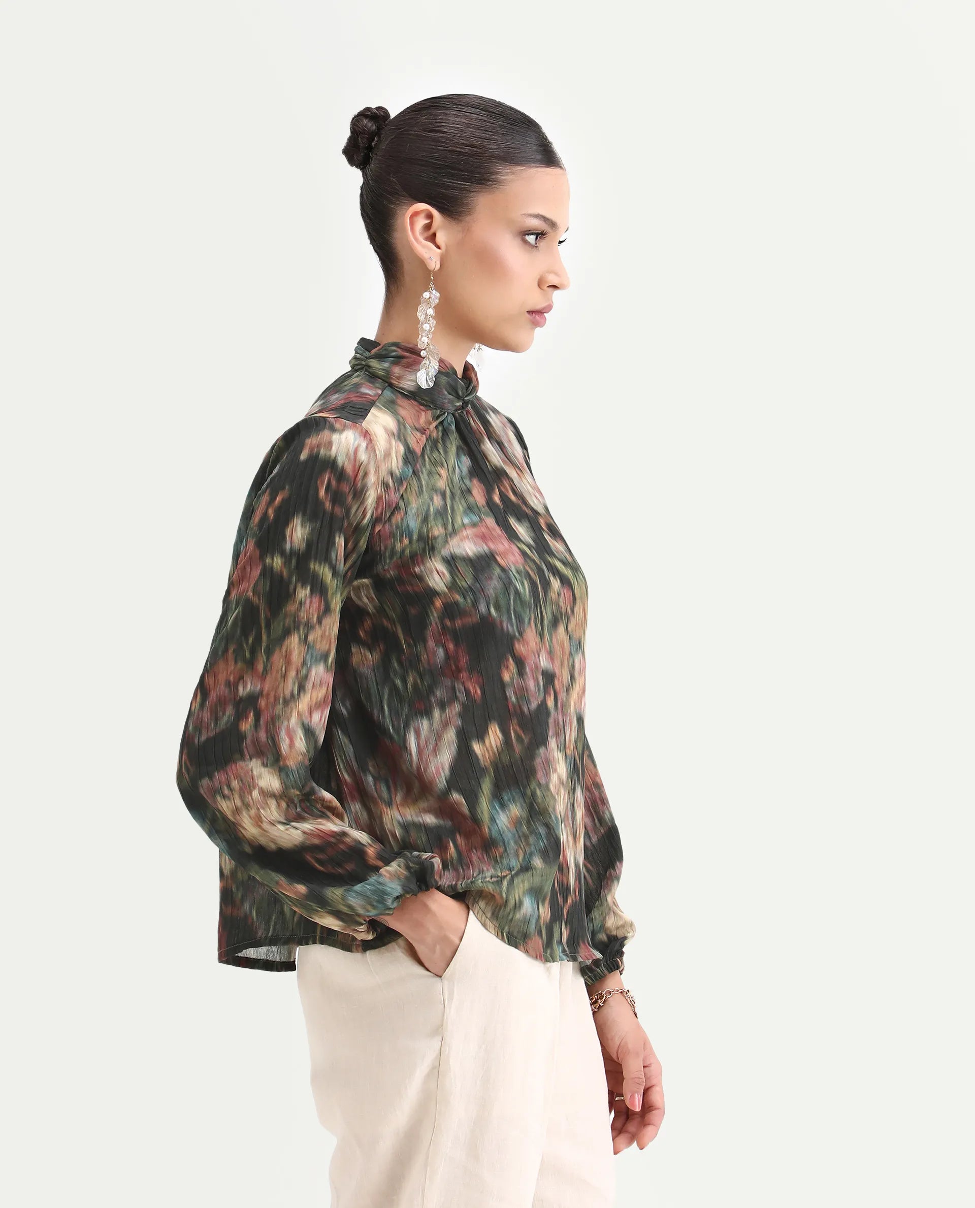 Rareism Women's Nehon Black Polyester Bishop Sleeve Band Collar Relaxed Fit Top