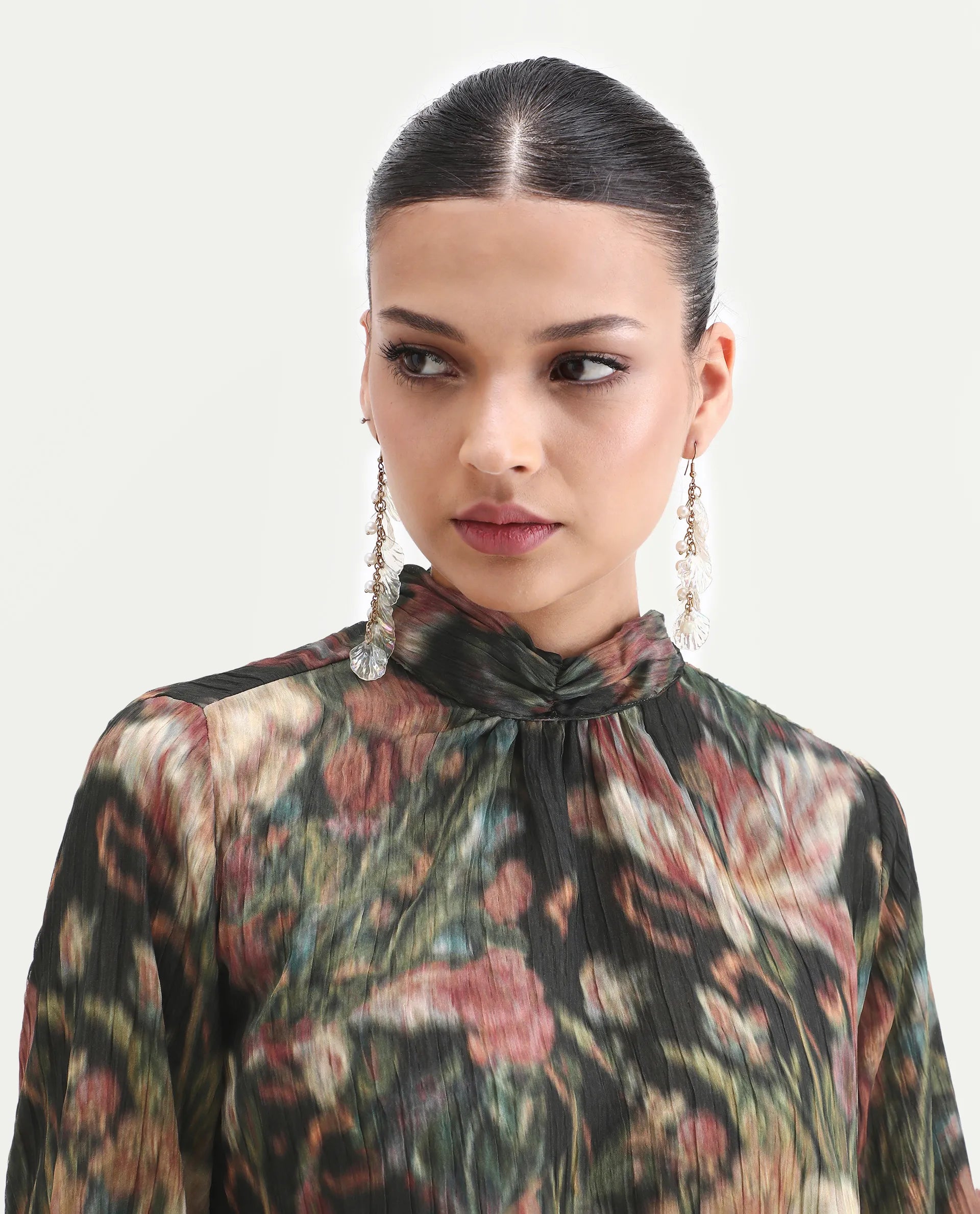 Rareism Women's Nehon Black Polyester Bishop Sleeve Band Collar Relaxed Fit Top