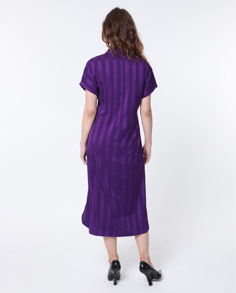 Rareism Women Nekop Dark Purple Polyester Fabric Short Sleeves Shirt Collar Regular Fit Striped Knee Length A-Line Dress