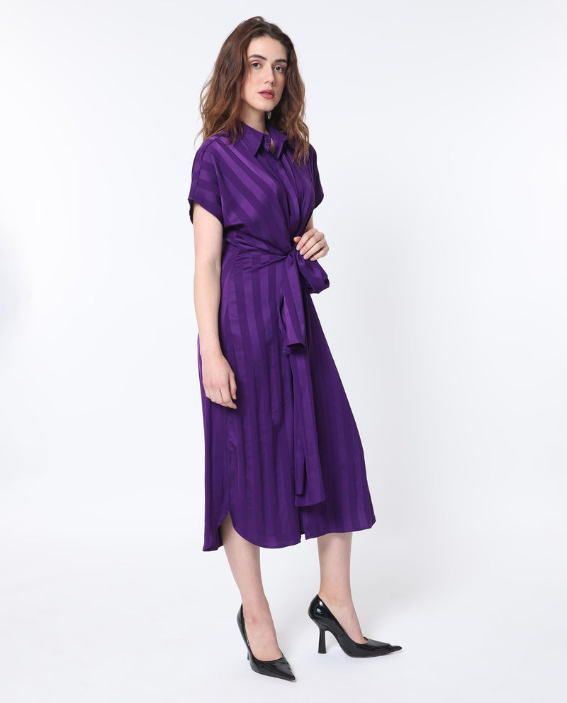 Rareism Women Nekop Dark Purple Polyester Fabric Short Sleeves Shirt Collar Regular Fit Striped Knee Length A-Line Dress