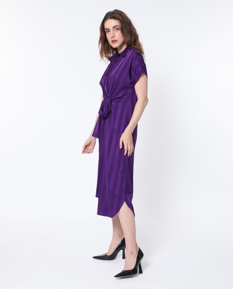 Rareism Women Nekop Dark Purple Polyester Fabric Short Sleeves Shirt Collar Regular Fit Striped Knee Length A-Line Dress