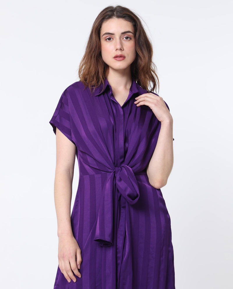 Rareism Women Nekop Dark Purple Polyester Fabric Short Sleeves Shirt Collar Regular Fit Striped Knee Length A-Line Dress