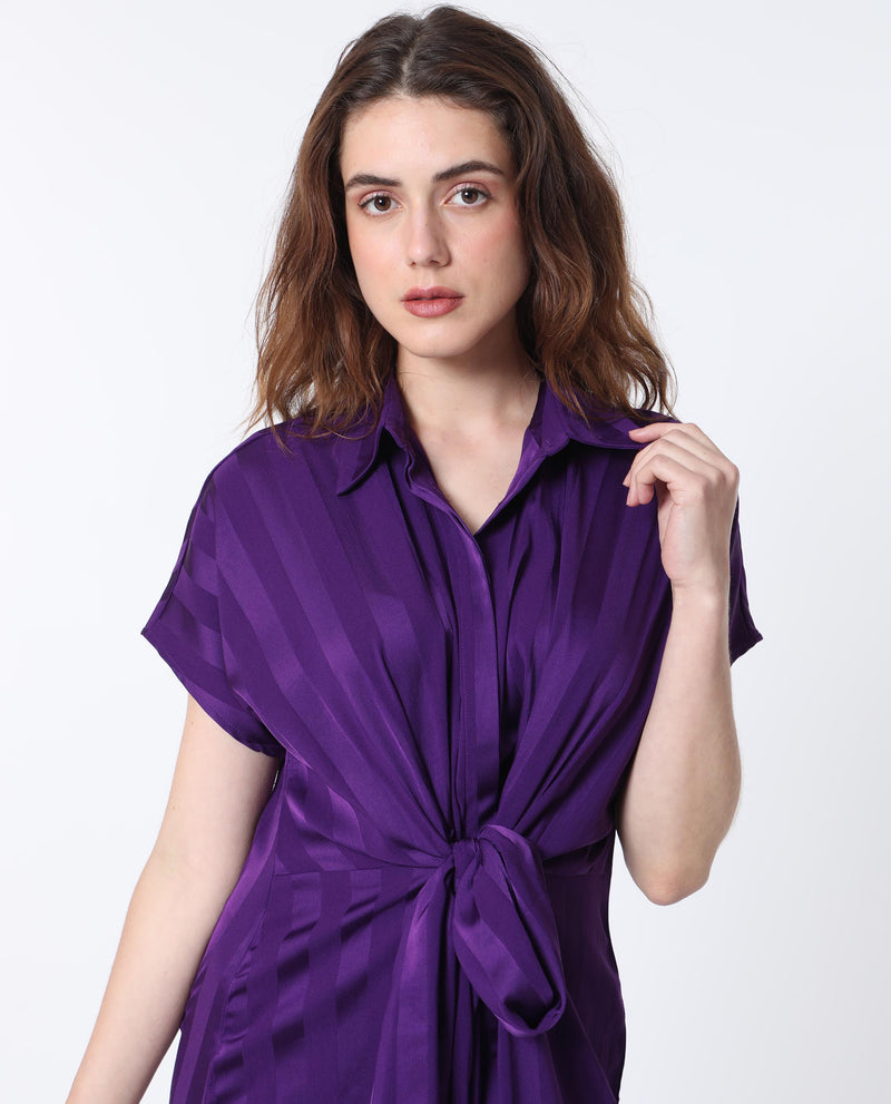 Rareism Women Nekop Dark Purple Polyester Fabric Short Sleeves Shirt Collar Regular Fit Striped Knee Length A-Line Dress