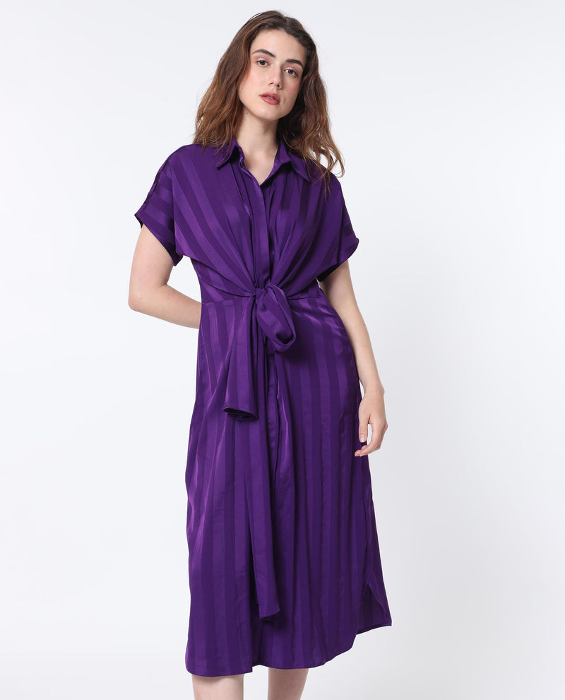 Rareism Women Nekop Dark Purple Polyester Fabric Short Sleeves Shirt Collar Regular Fit Striped Knee Length A-Line Dress