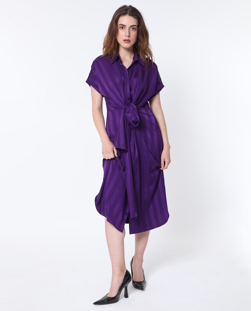 Rareism Women Nekop Dark Purple Polyester Fabric Short Sleeves Shirt Collar Regular Fit Striped Knee Length A-Line Dress