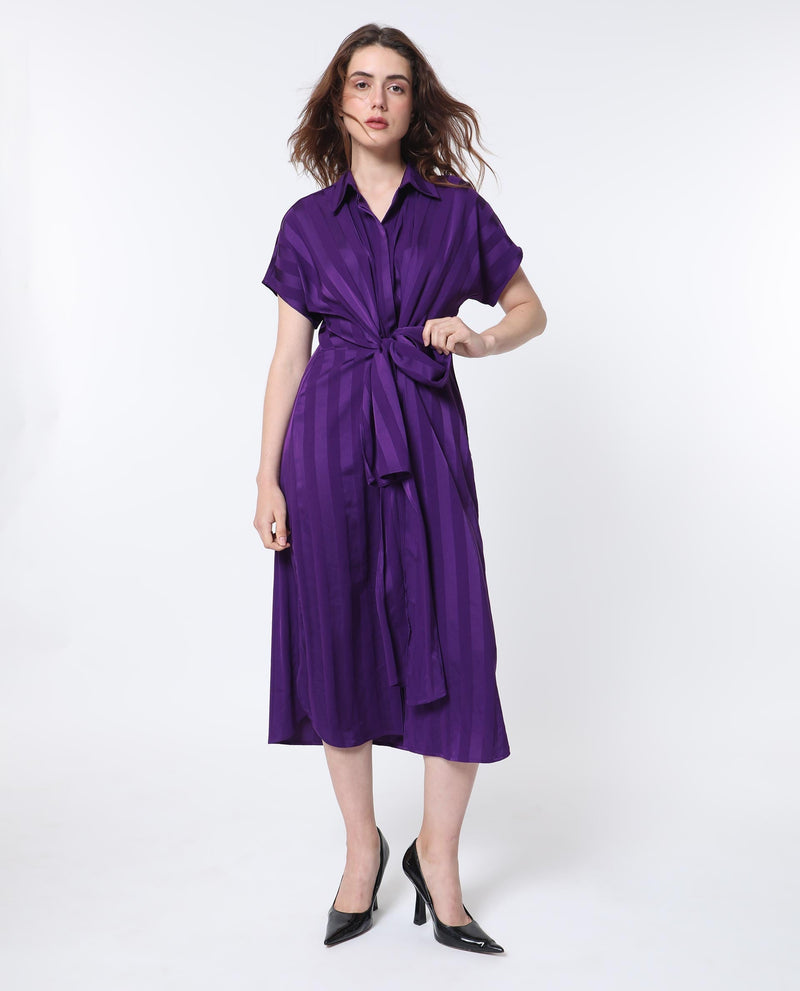 Rareism Women Nekop Dark Purple Polyester Fabric Short Sleeves Shirt Collar Regular Fit Striped Knee Length A-Line Dress