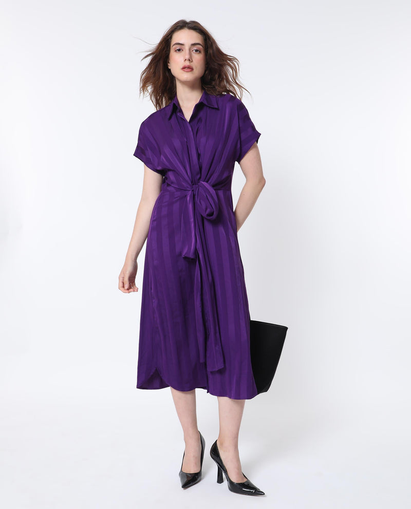 Rareism Women Nekop Dark Purple Polyester Fabric Short Sleeves Shirt Collar Regular Fit Striped Knee Length A-Line Dress