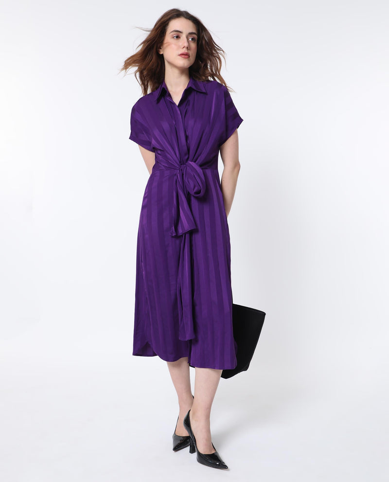 Rareism Women Nekop Dark Purple Polyester Fabric Short Sleeves Shirt Collar Regular Fit Striped Knee Length A-Line Dress