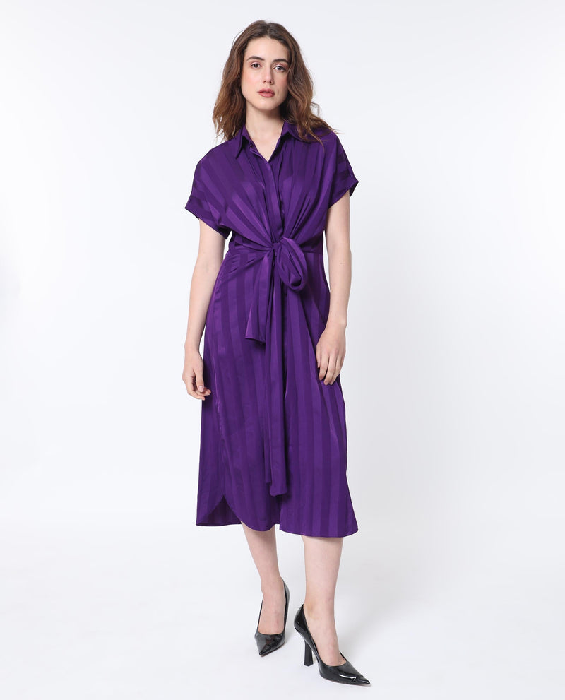 Rareism Women Nekop Dark Purple Polyester Fabric Short Sleeves Shirt Collar Regular Fit Striped Knee Length A-Line Dress