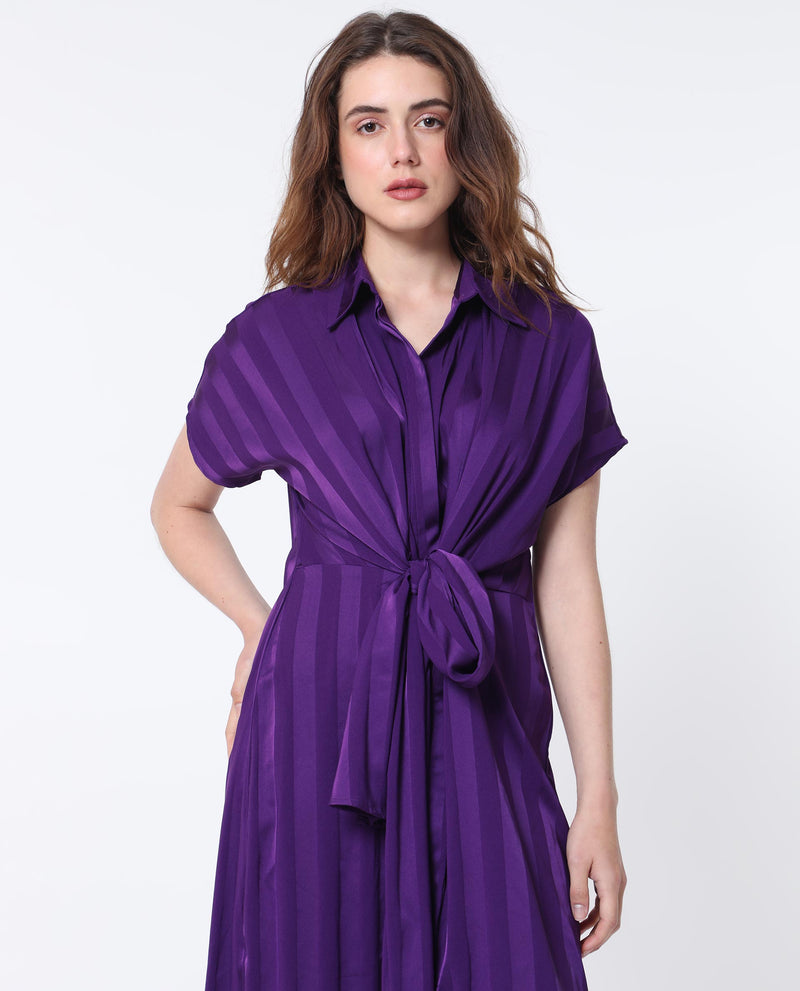 Rareism Women Nekop Dark Purple Polyester Fabric Short Sleeves Shirt Collar Regular Fit Striped Knee Length A-Line Dress