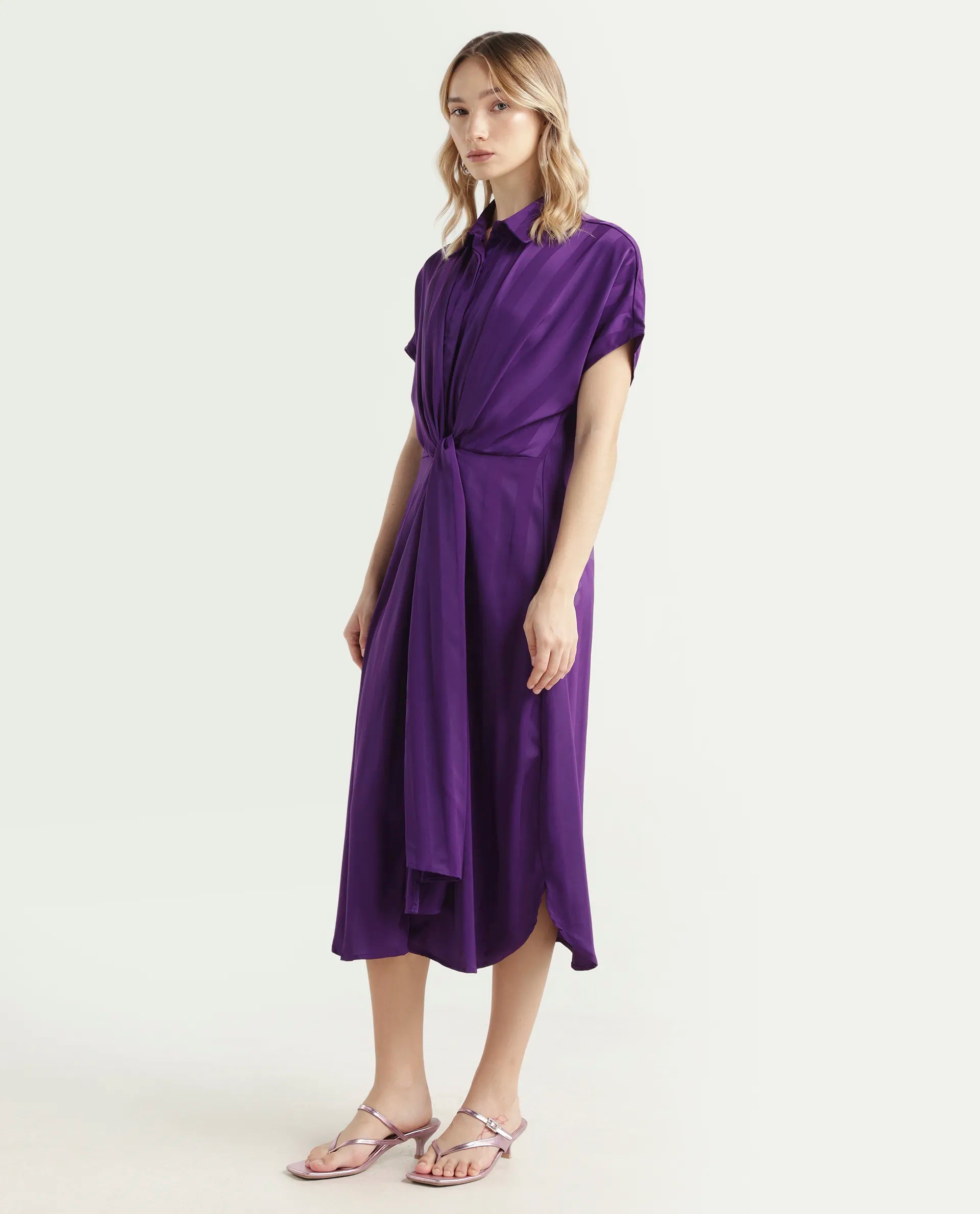 Rareism Women's Nekop Dark Purple Polyester Spread Collar Striped Knee Length Regular Fit Dress