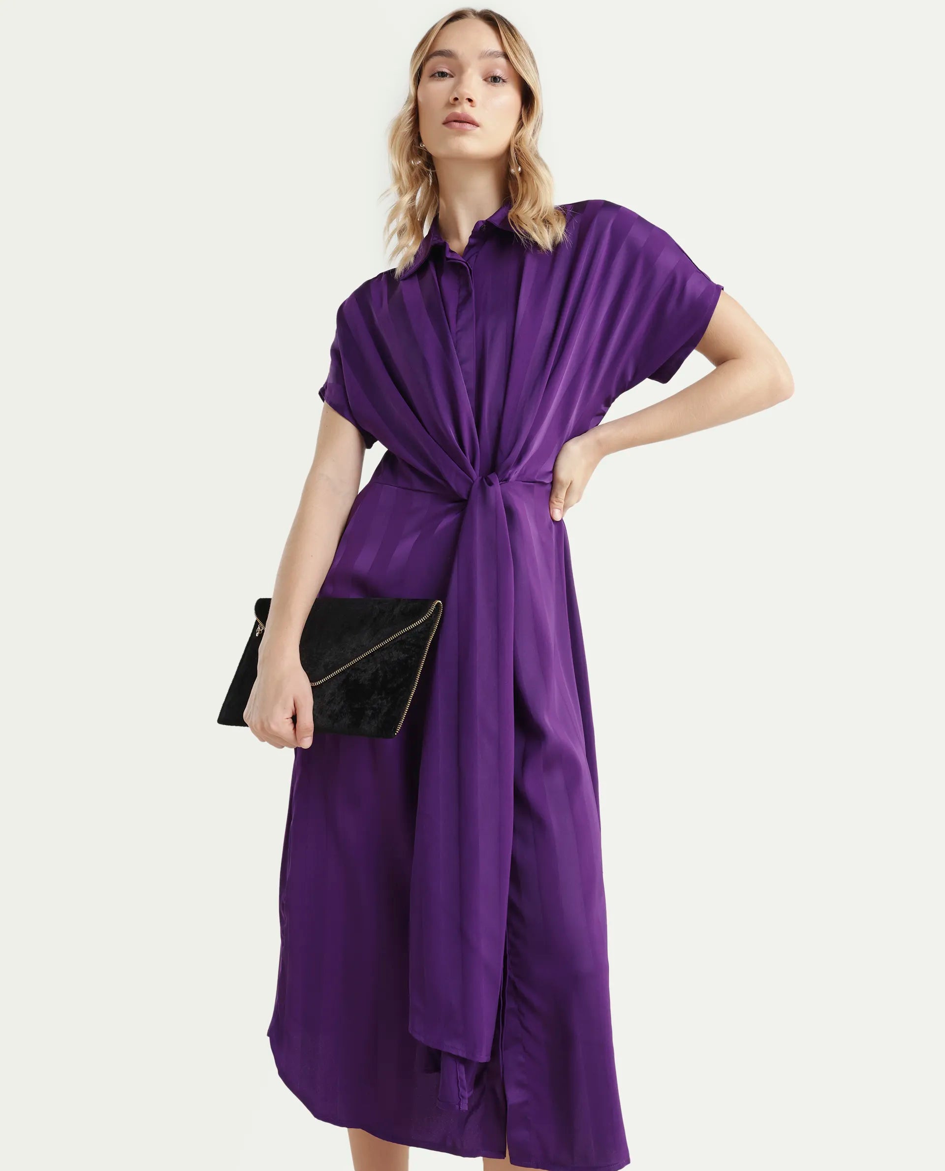 Rareism Women's Nekop Dark Purple Polyester Spread Collar Striped Knee Length Regular Fit Dress