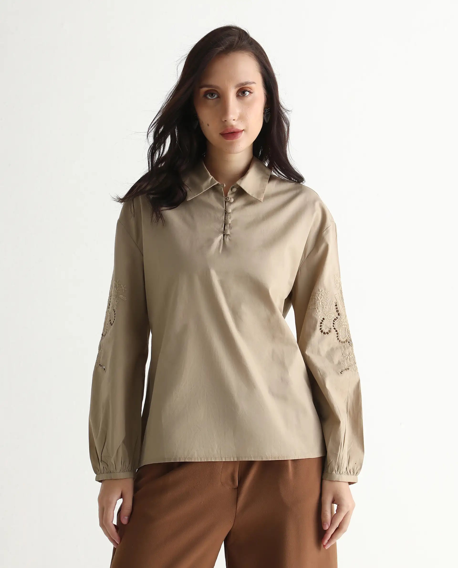 Rareism Women's Nembo Beige Cotton Bishop Sleeve Collared Neck Regular Fit Plain Top