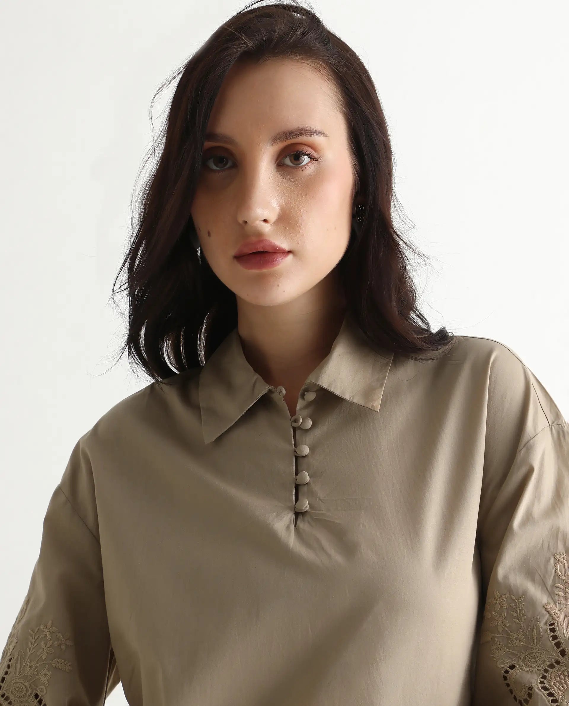 Rareism Women's Nembo Beige Cotton Bishop Sleeve Collared Neck Regular Fit Plain Top