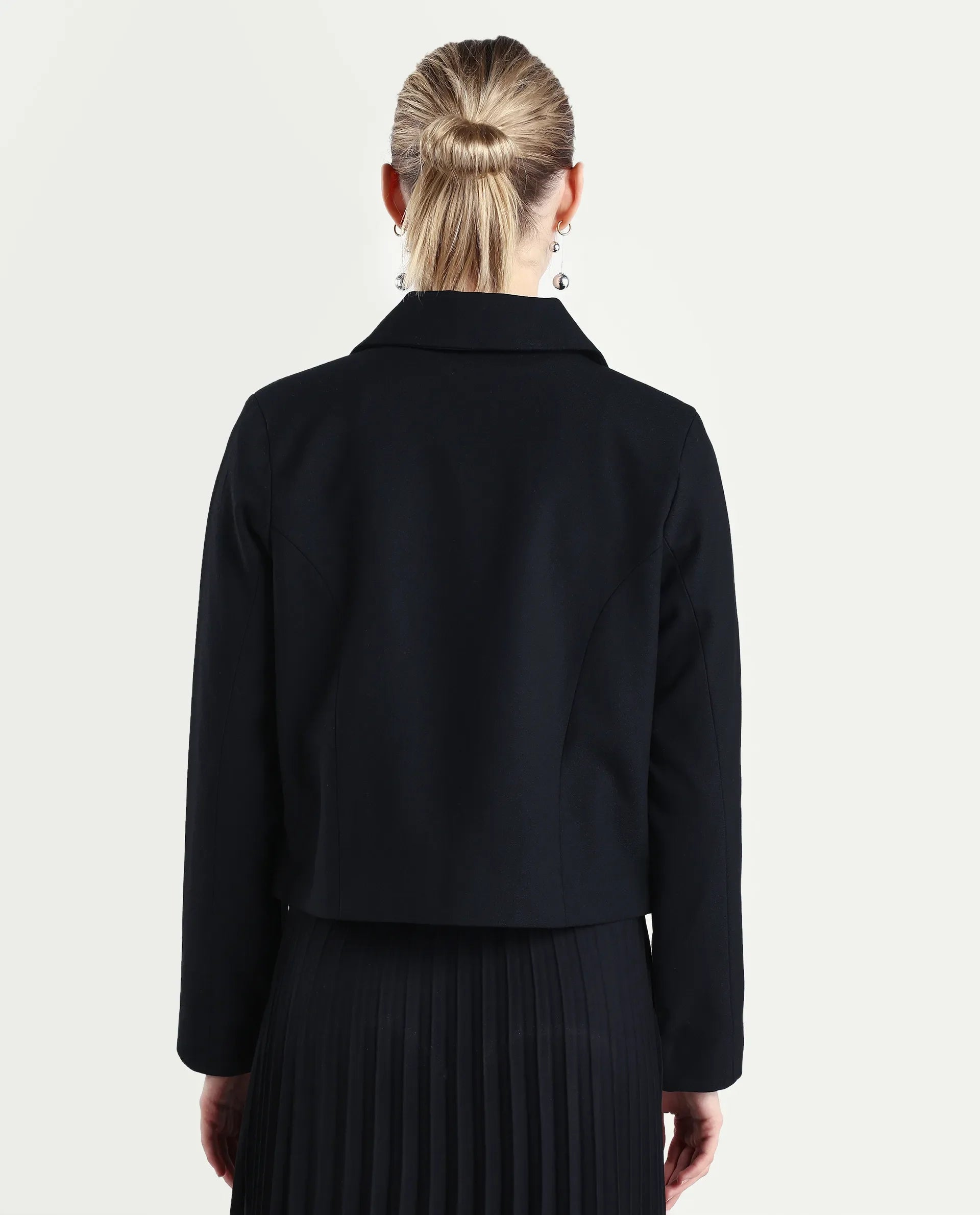 Rareism Women's Nemby Black Polyester Blend Collared Neck Slim Fit Plain Jacket