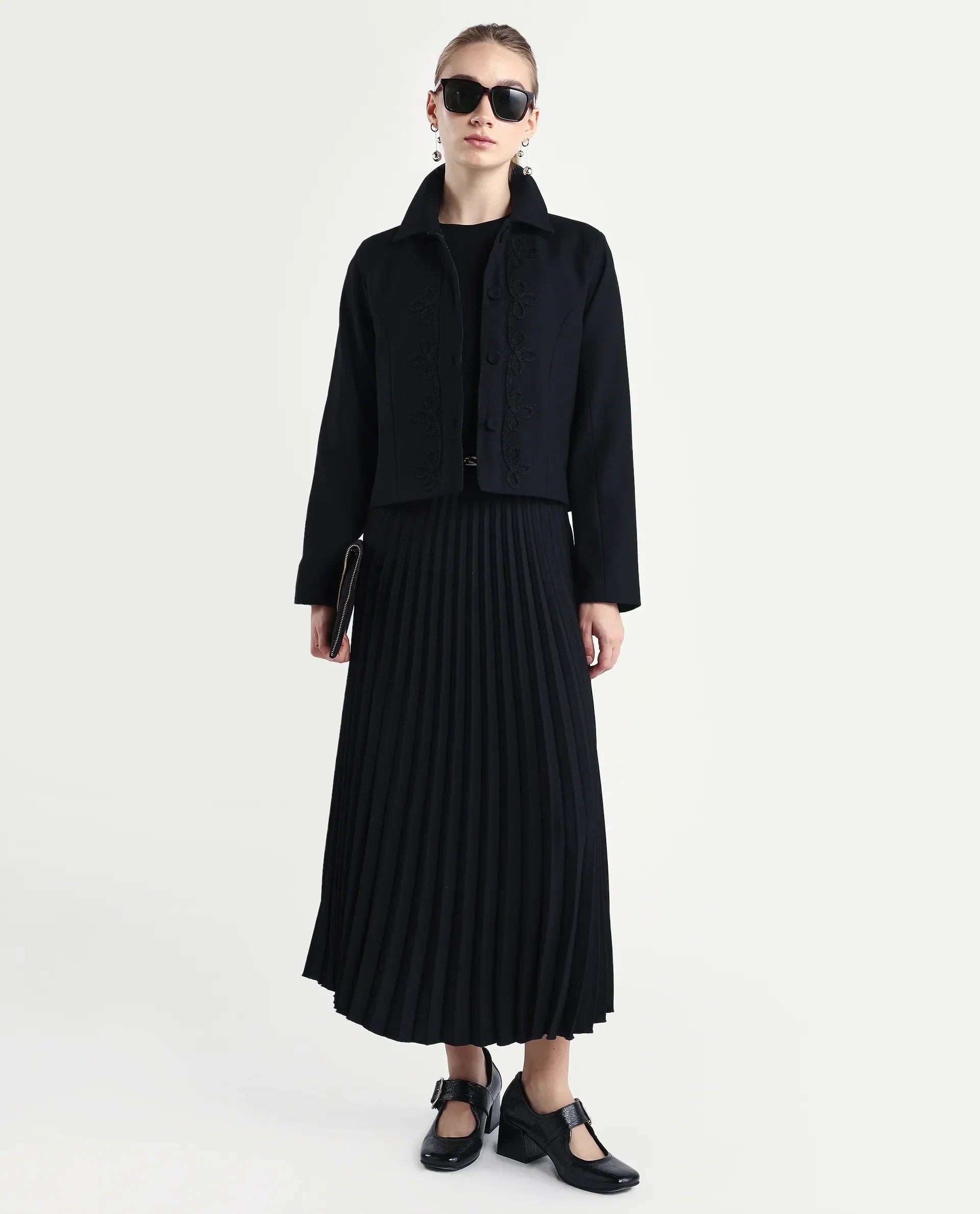 Rareism Women's Nemby Black Polyester Blend Collared Neck Slim Fit Plain Jacket